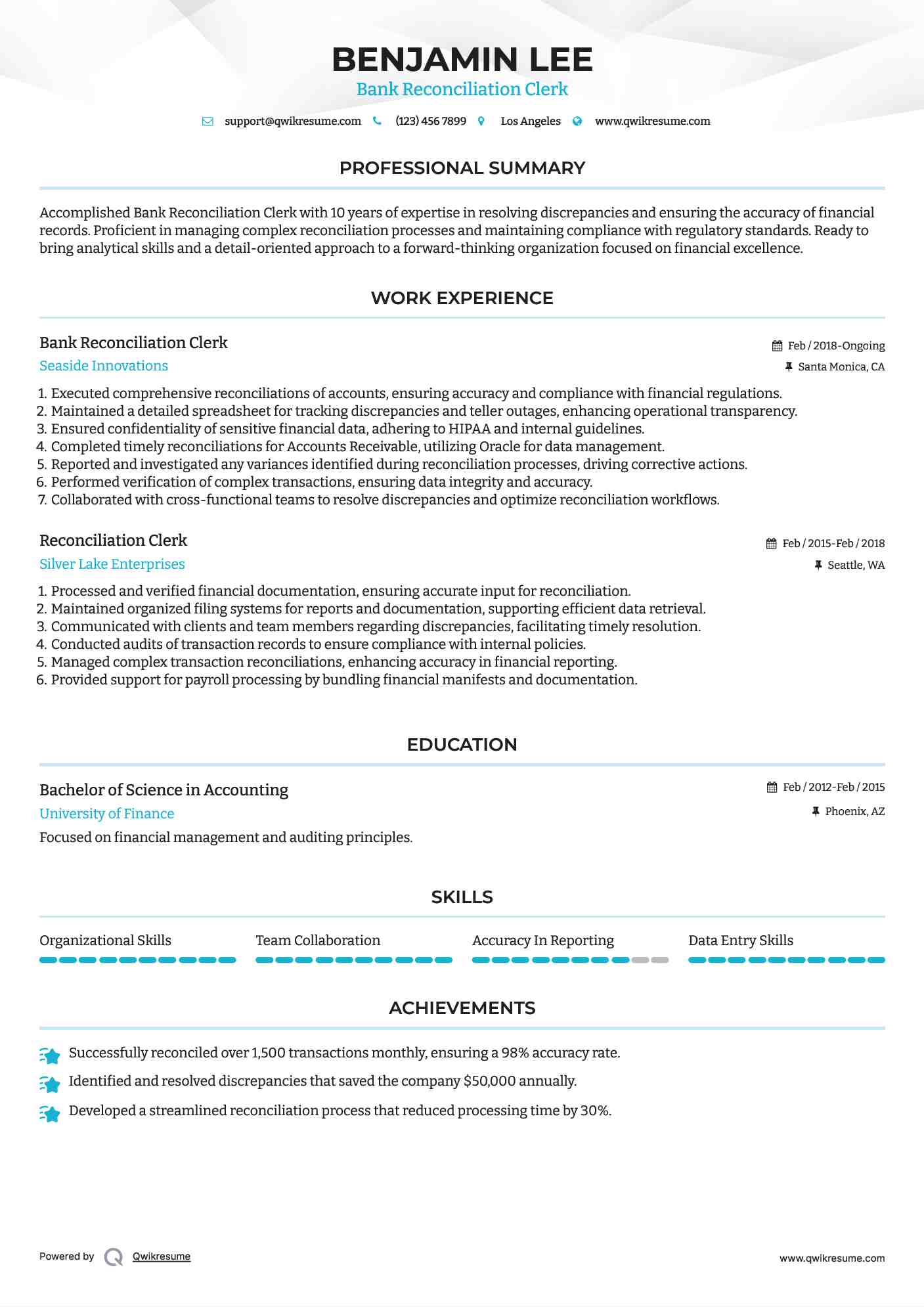 Bank Reconciliation Clerk Resume Format