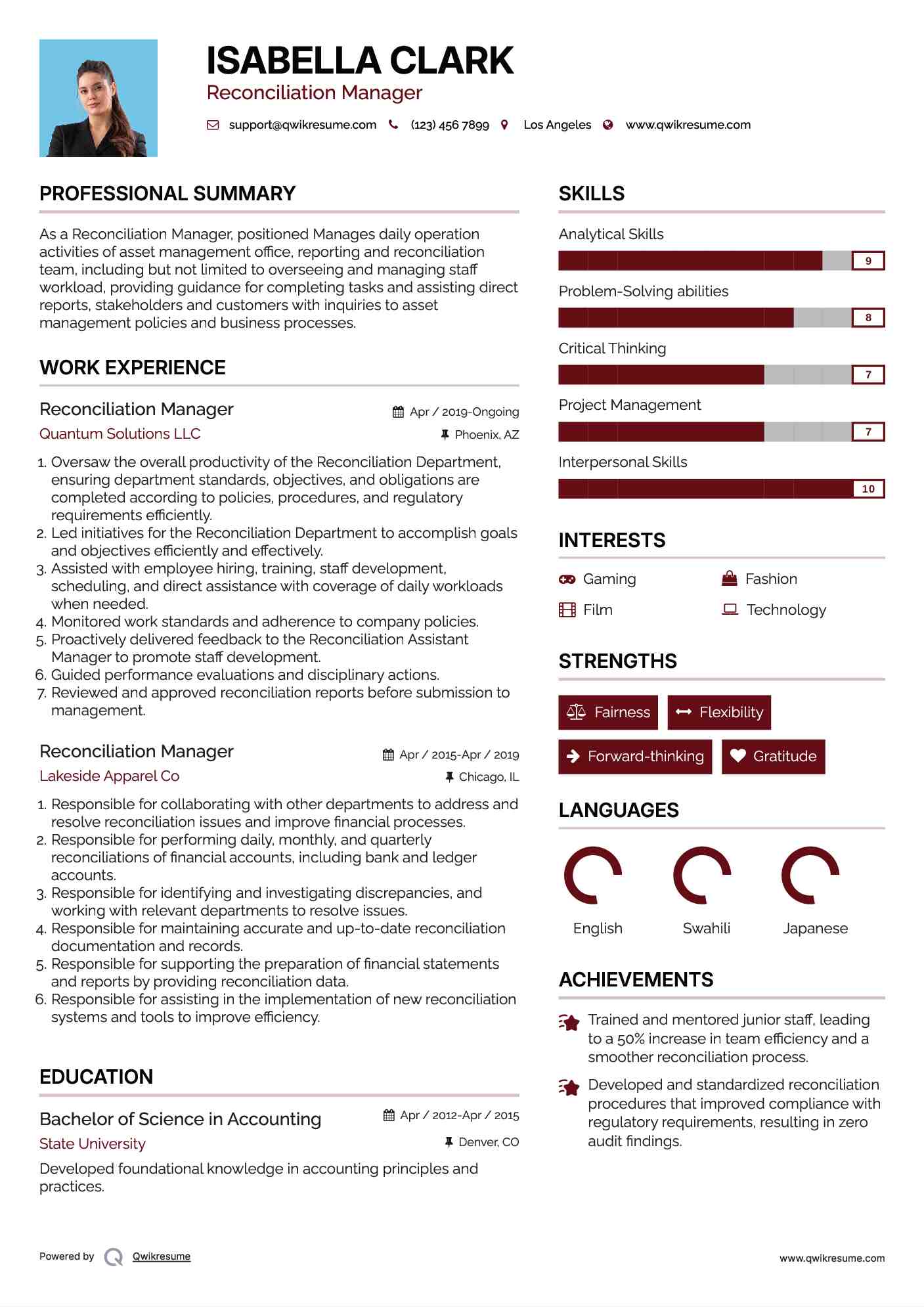 Reconciliation Manager Resume Model