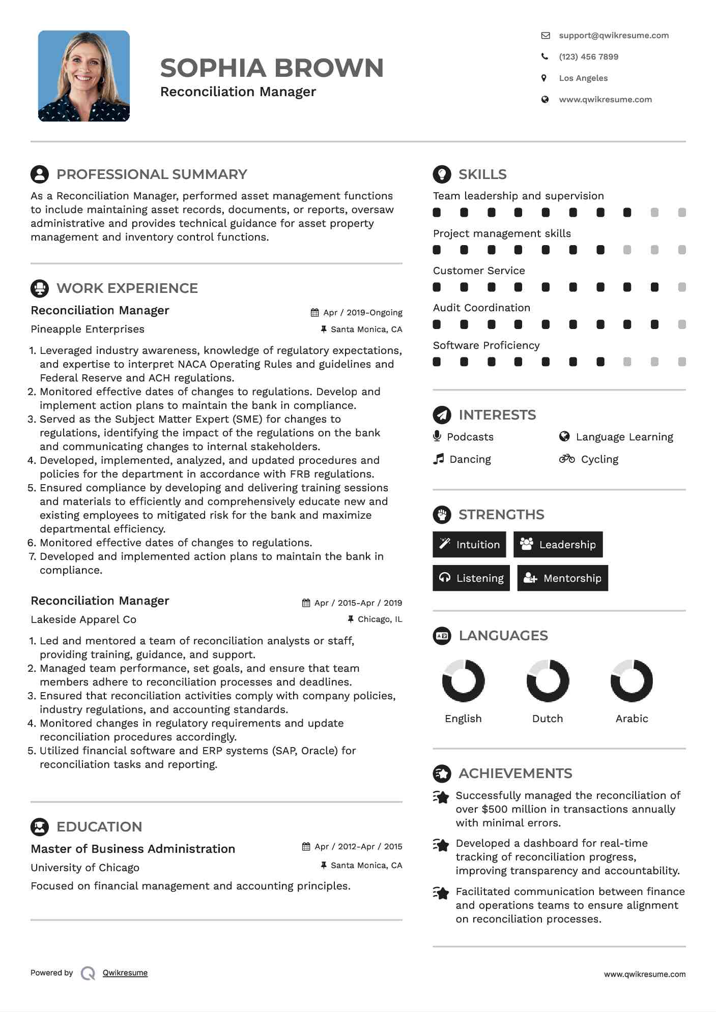 Reconciliation Manager Resume Model
