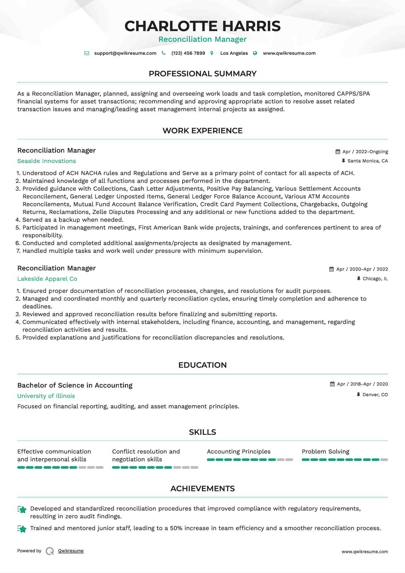 Reconciliation Manager Resume Model