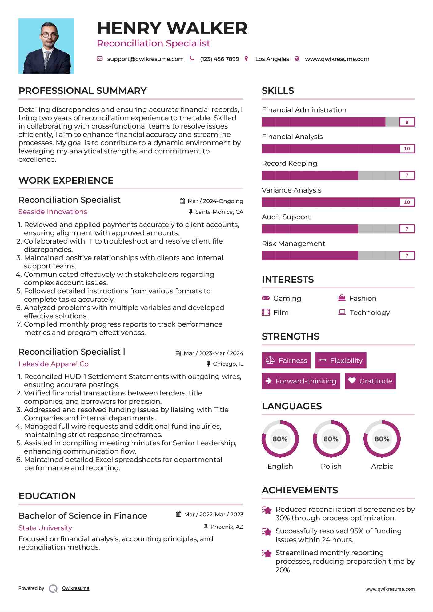 Reconciliation Specialist Resume Format