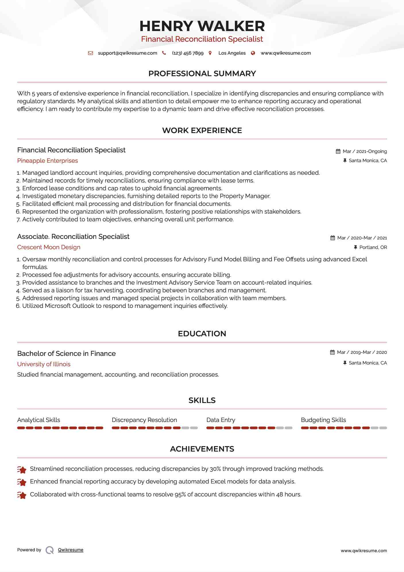 Financial Reconciliation Specialist
 Resume Model