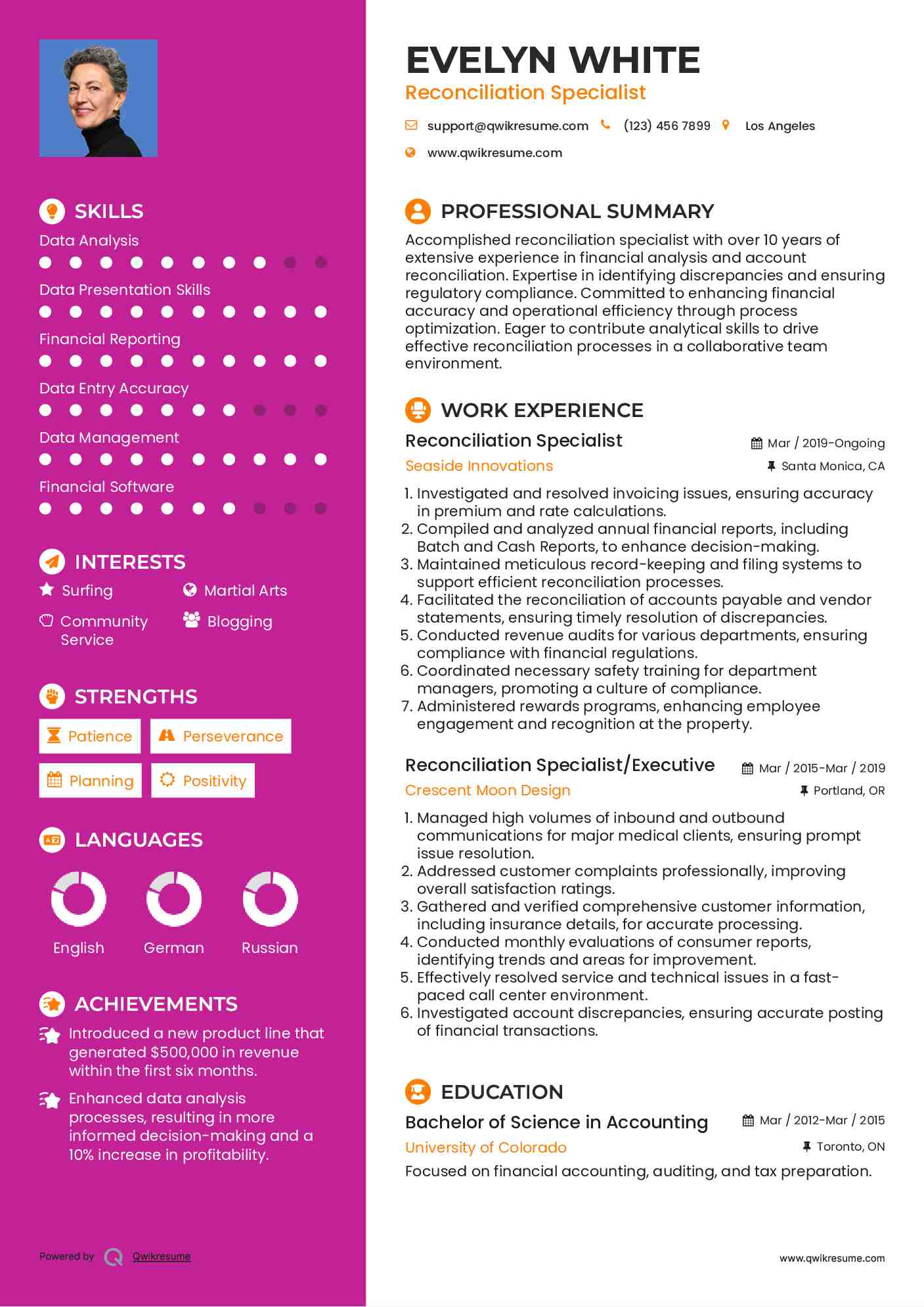 Reconciliation Specialist Resume Example