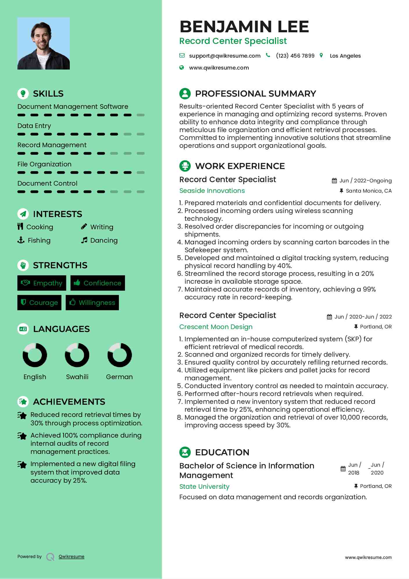 Record Center Specialist Resume Model