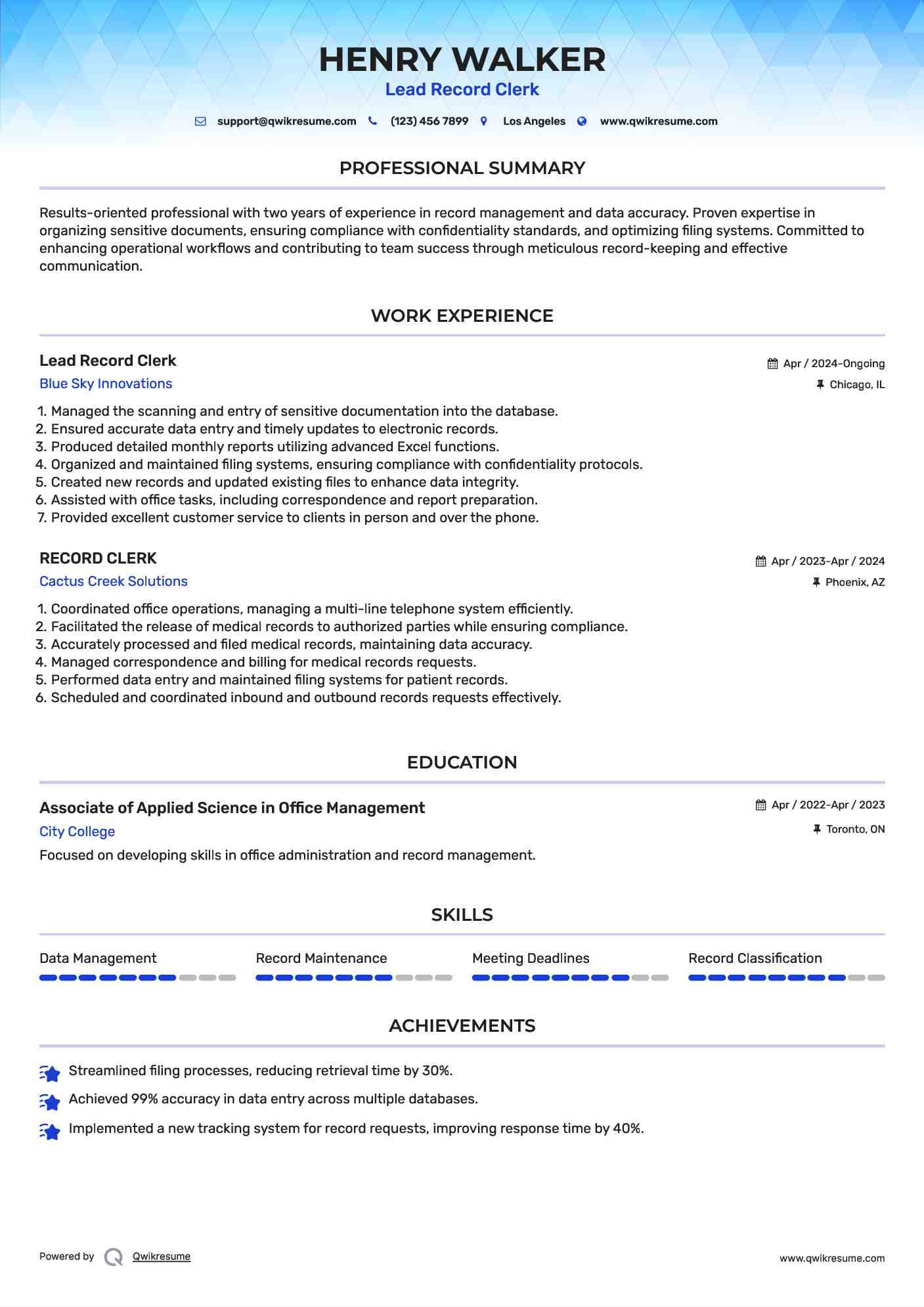 Record Clerk Resume Samples QwikResume