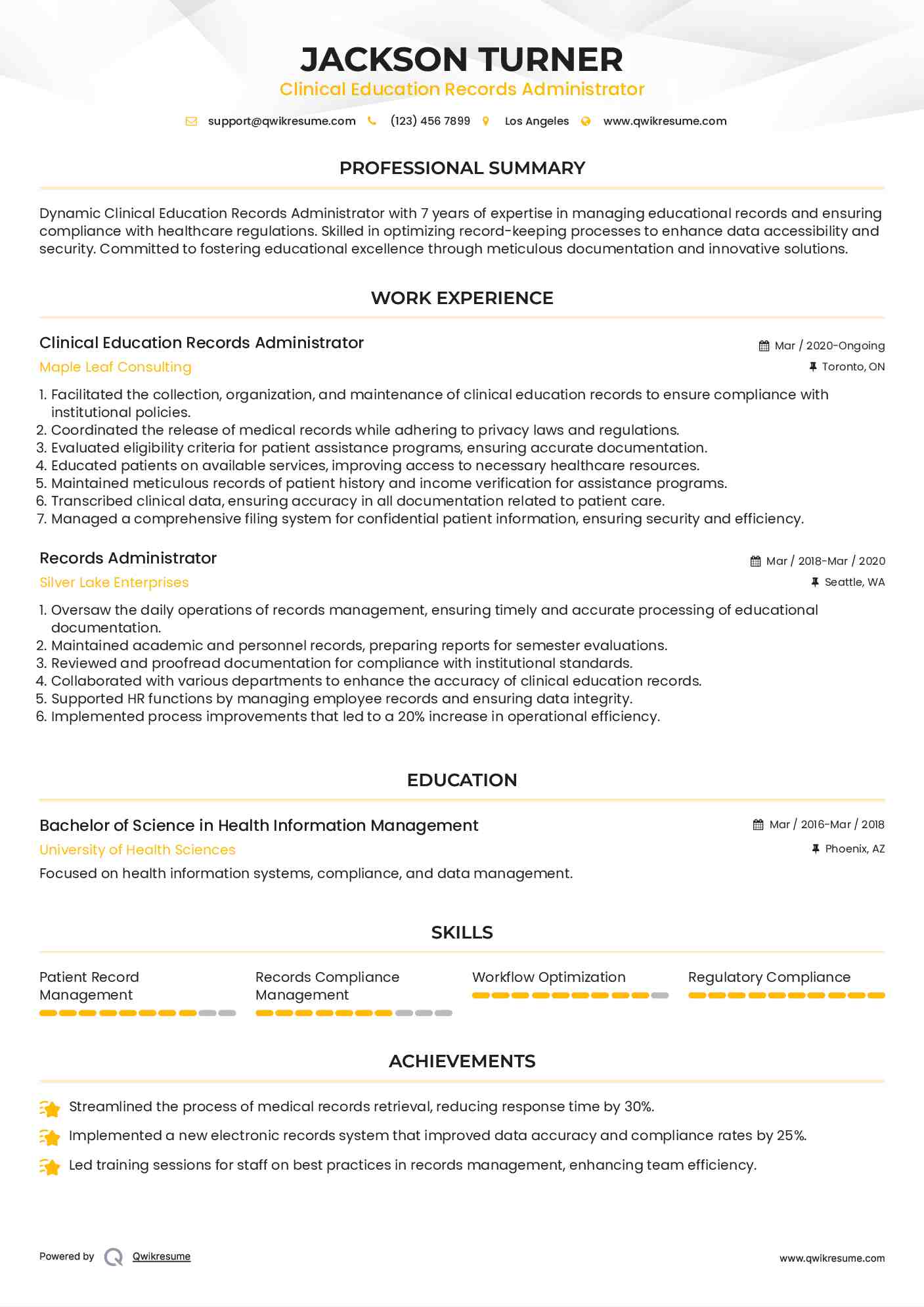 Clinical Education Records Administrator
 Resume Example