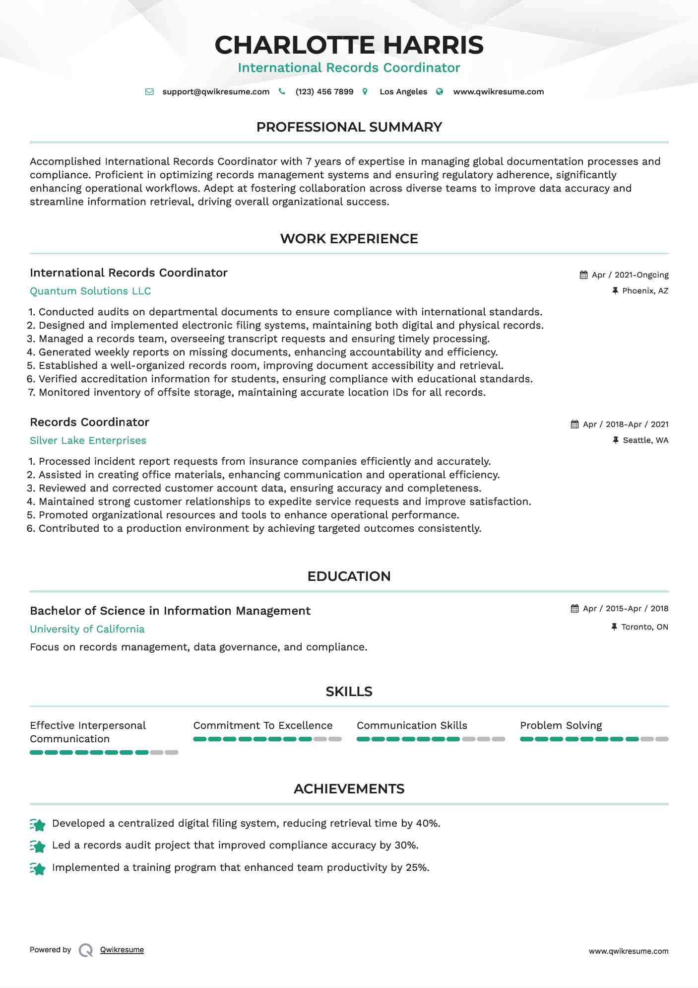 International Records Coordinator Resume Template