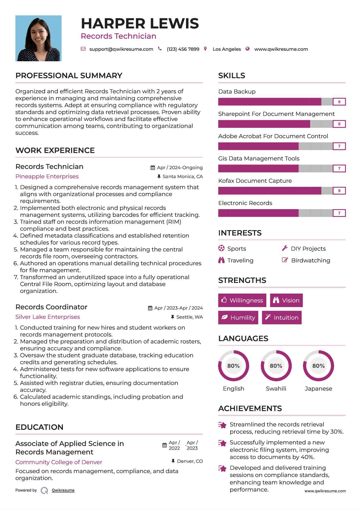 Records Technician Resume Template