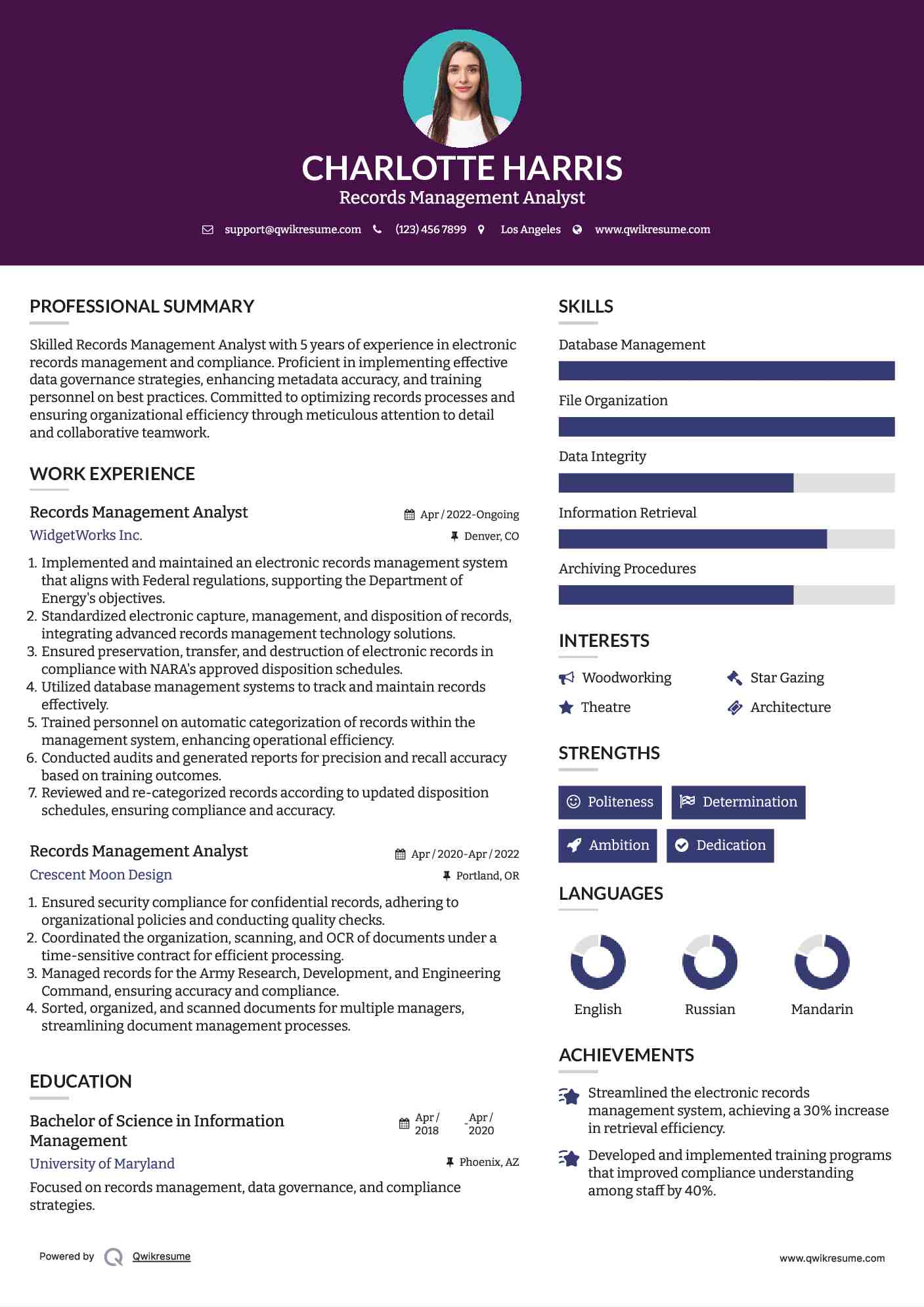 Records Management Analyst Resume Model