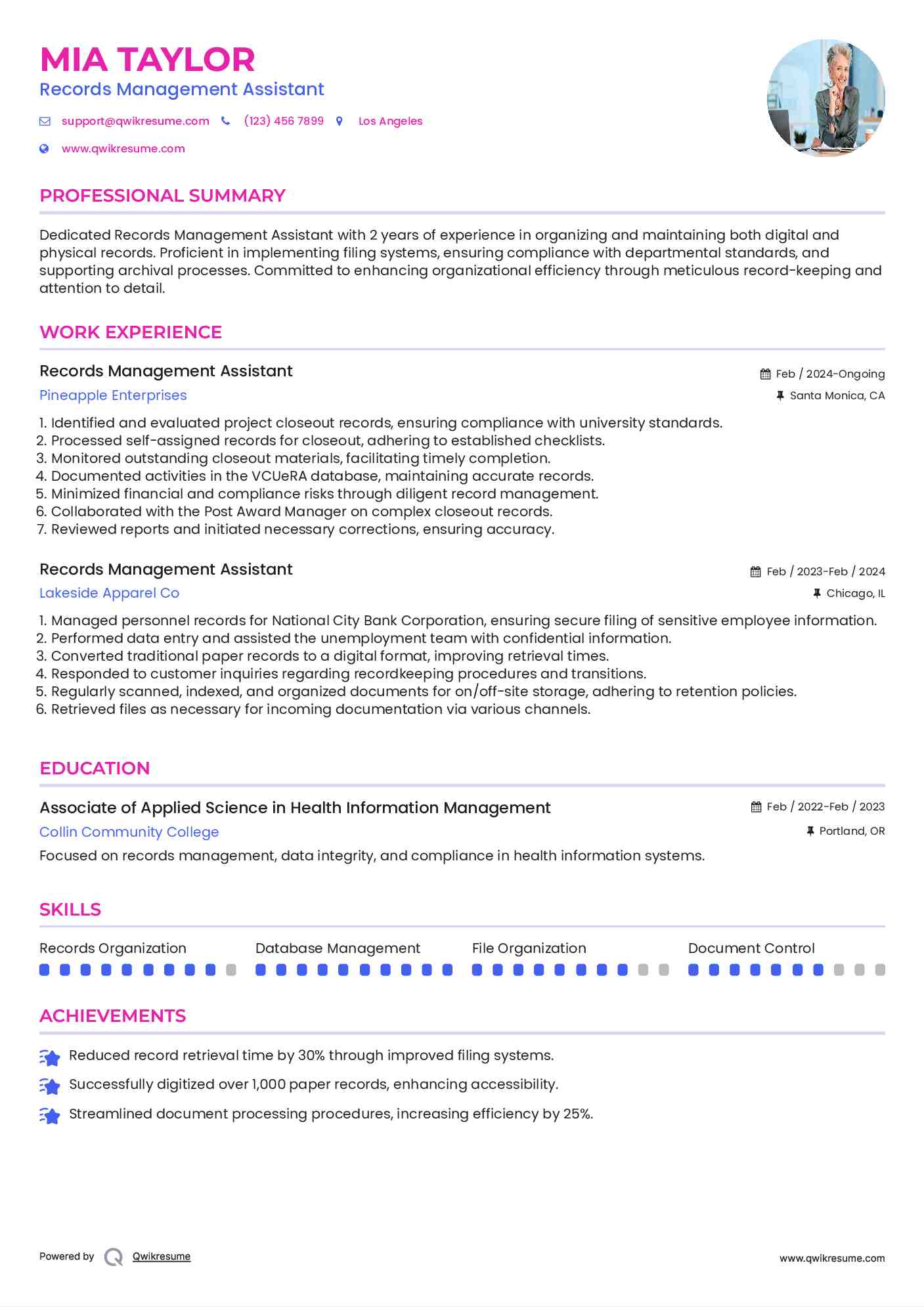 Records Management Assistant Resume Template