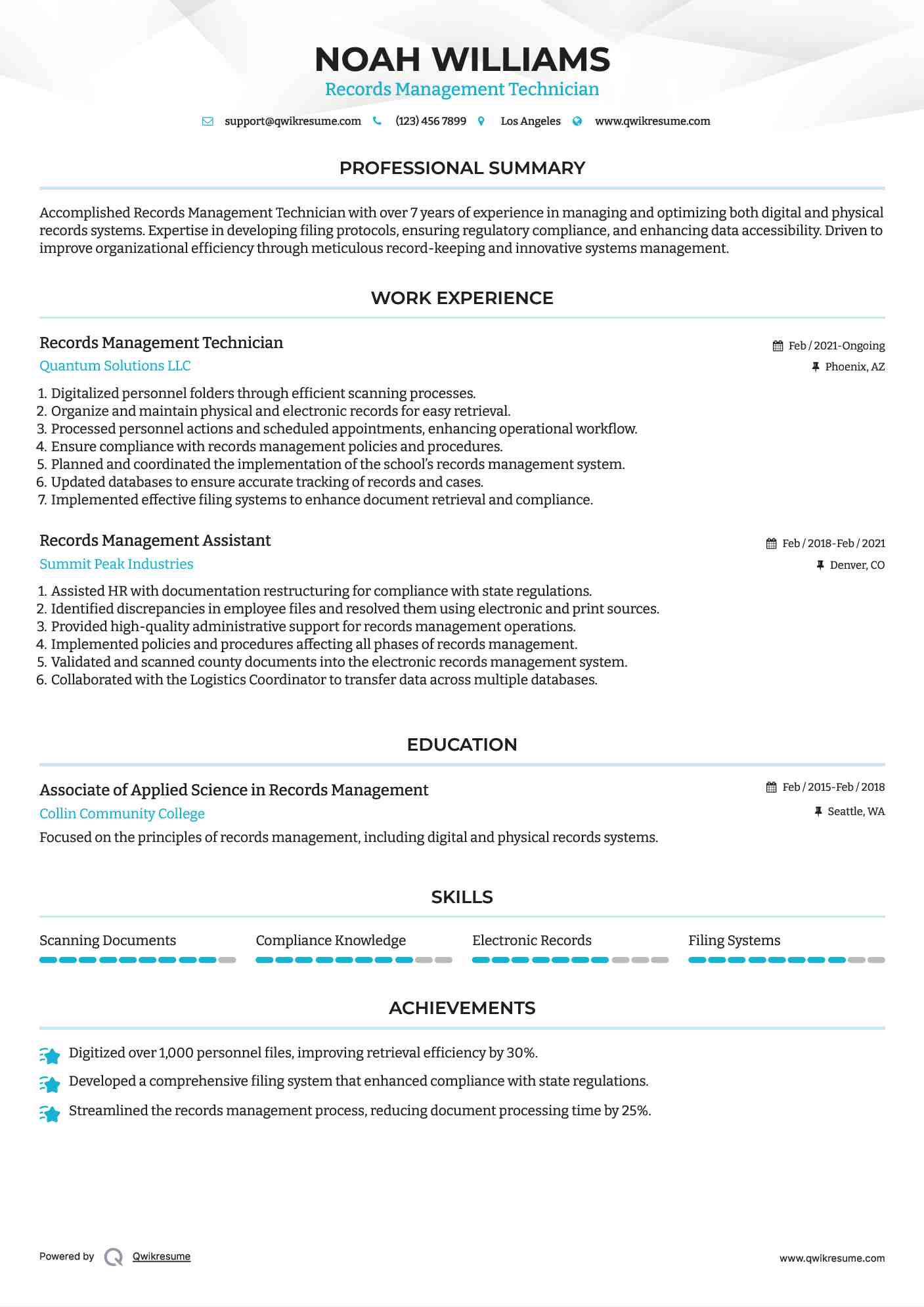 Records Management Technician Resume Model