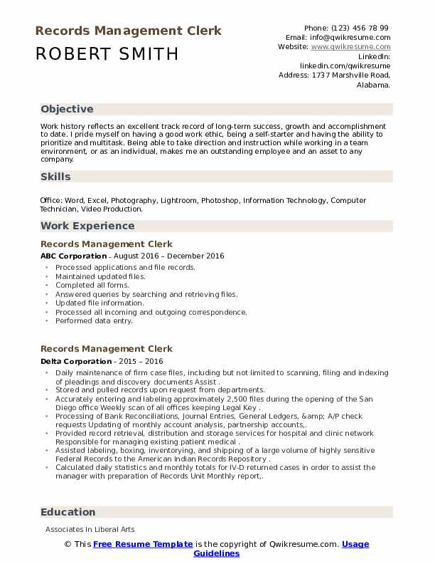 Records Management Clerk Resume Samples QwikResume
