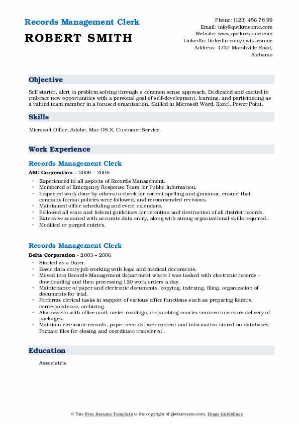Records Management Clerk Resume Samples QwikResume