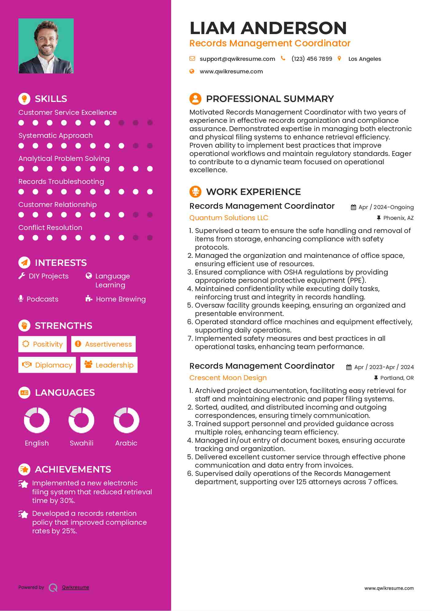 Records Management Coordinator Resume Sample