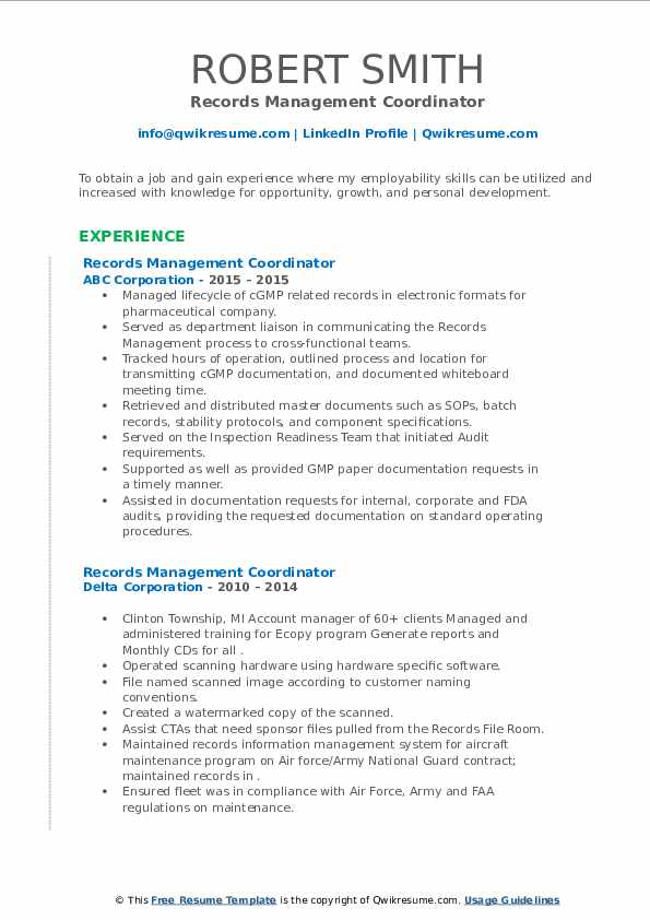 Records Management Coordinator Resume Samples QwikResume