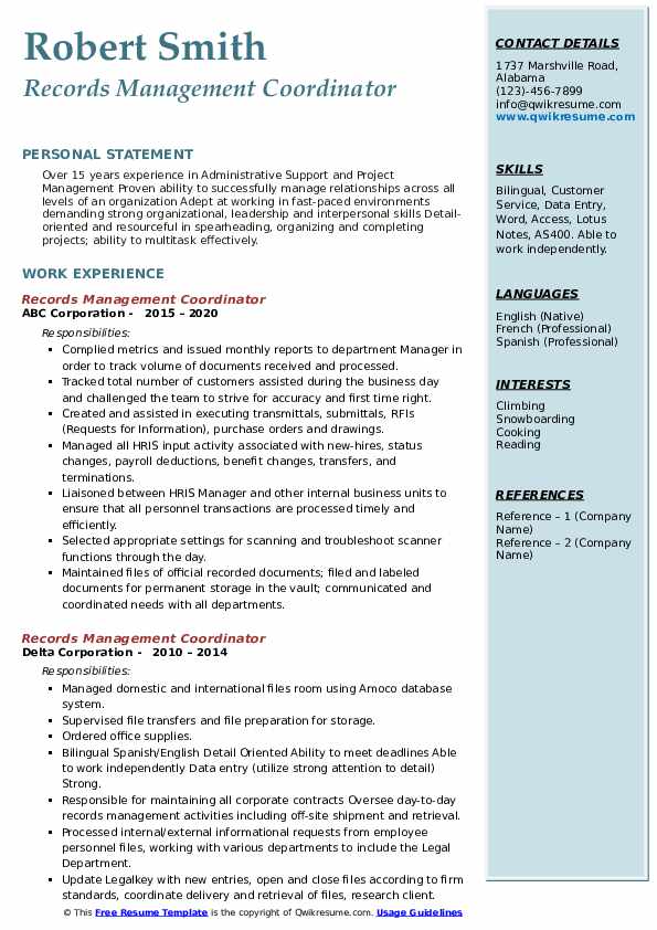 Records Management Coordinator Resume Samples QwikResume