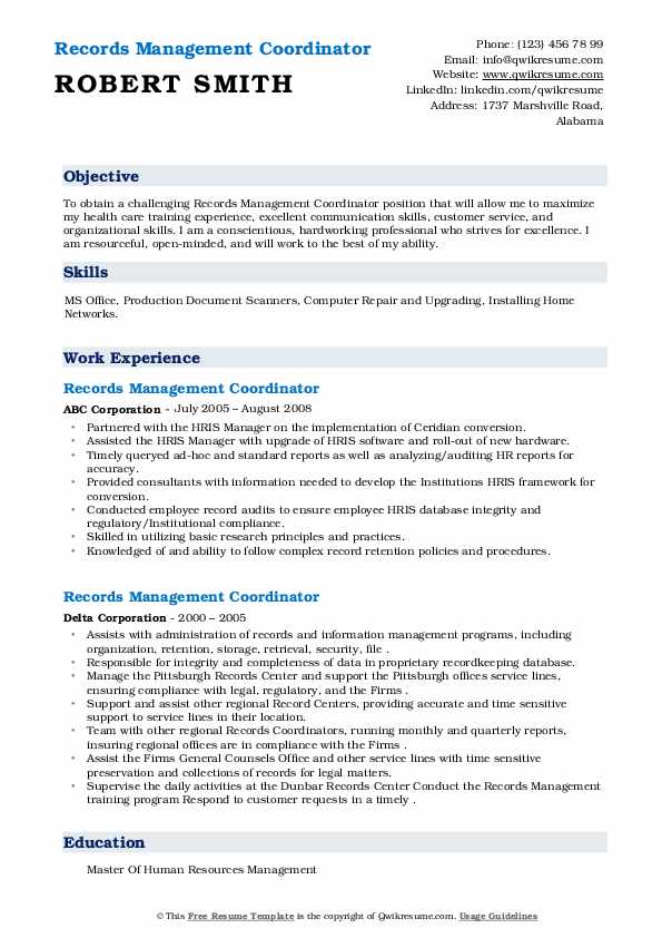 Records Management Coordinator Resume Samples QwikResume