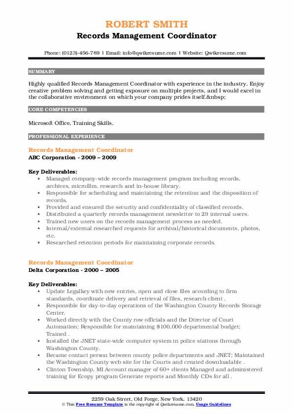Records Management Coordinator Resume Samples QwikResume