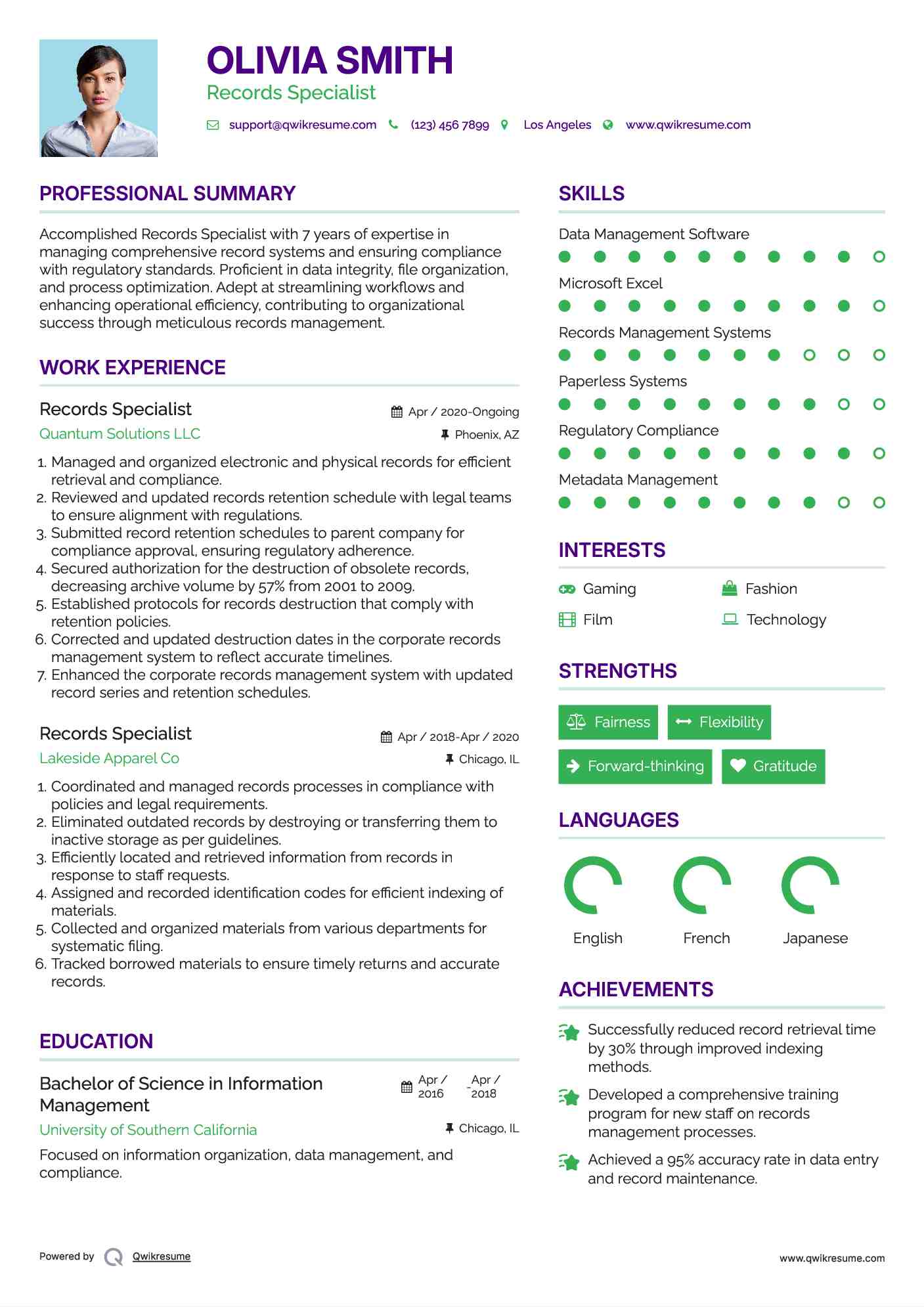 Records Specialist Resume Sample