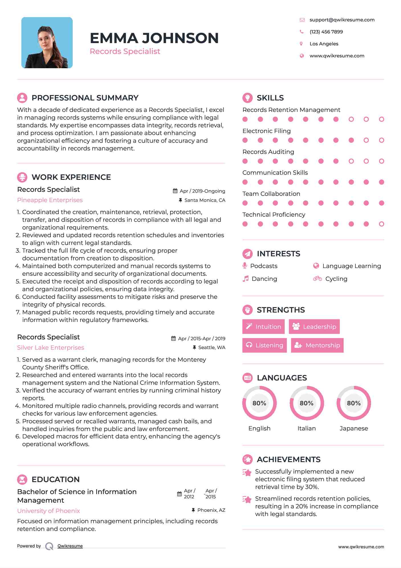 Records Specialist Resume Example