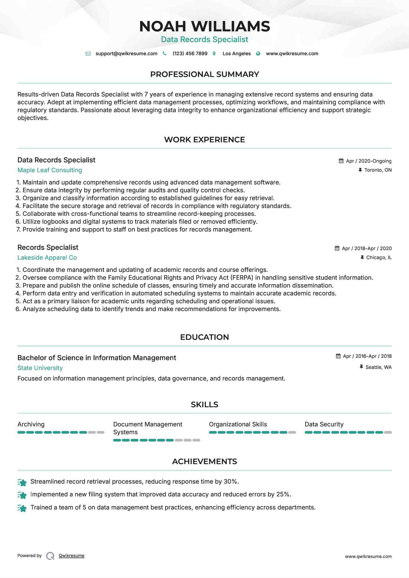 Data Records Specialist Resume Template