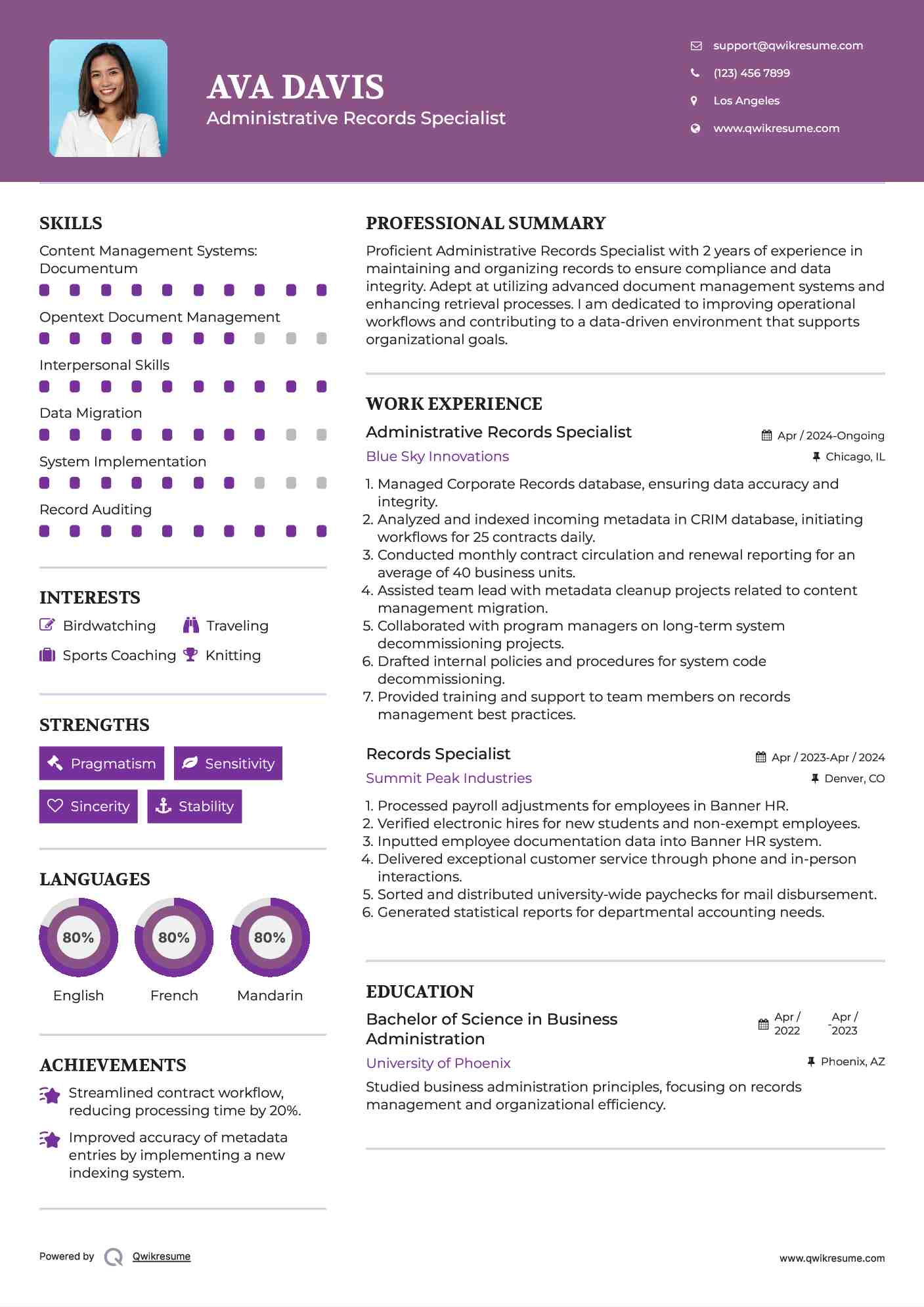 Administrative Records Specialist Resume Format