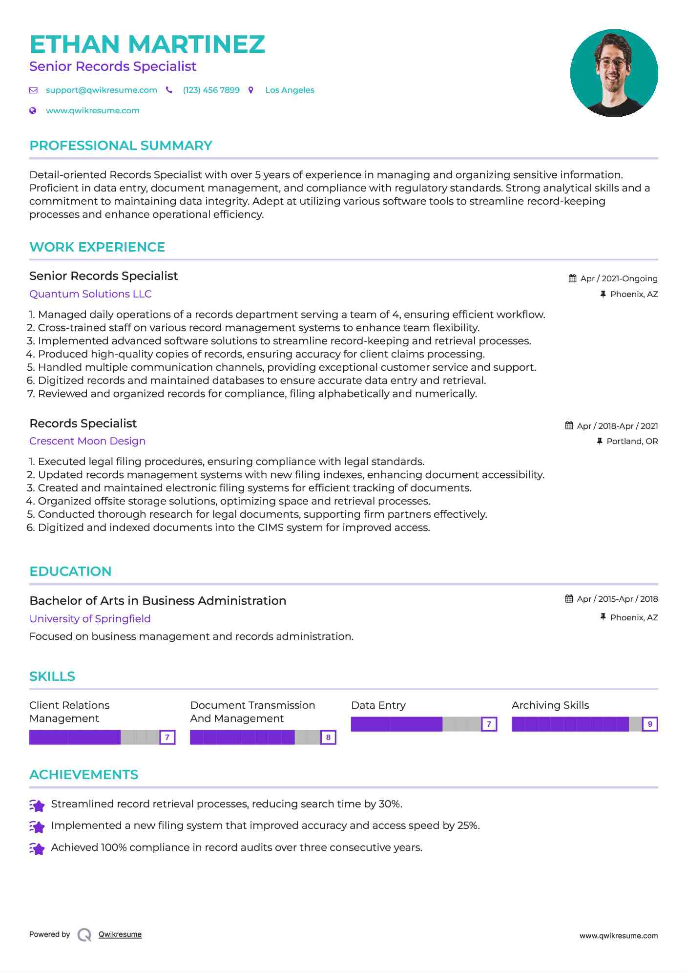 Senior Records Specialist Resume Model
