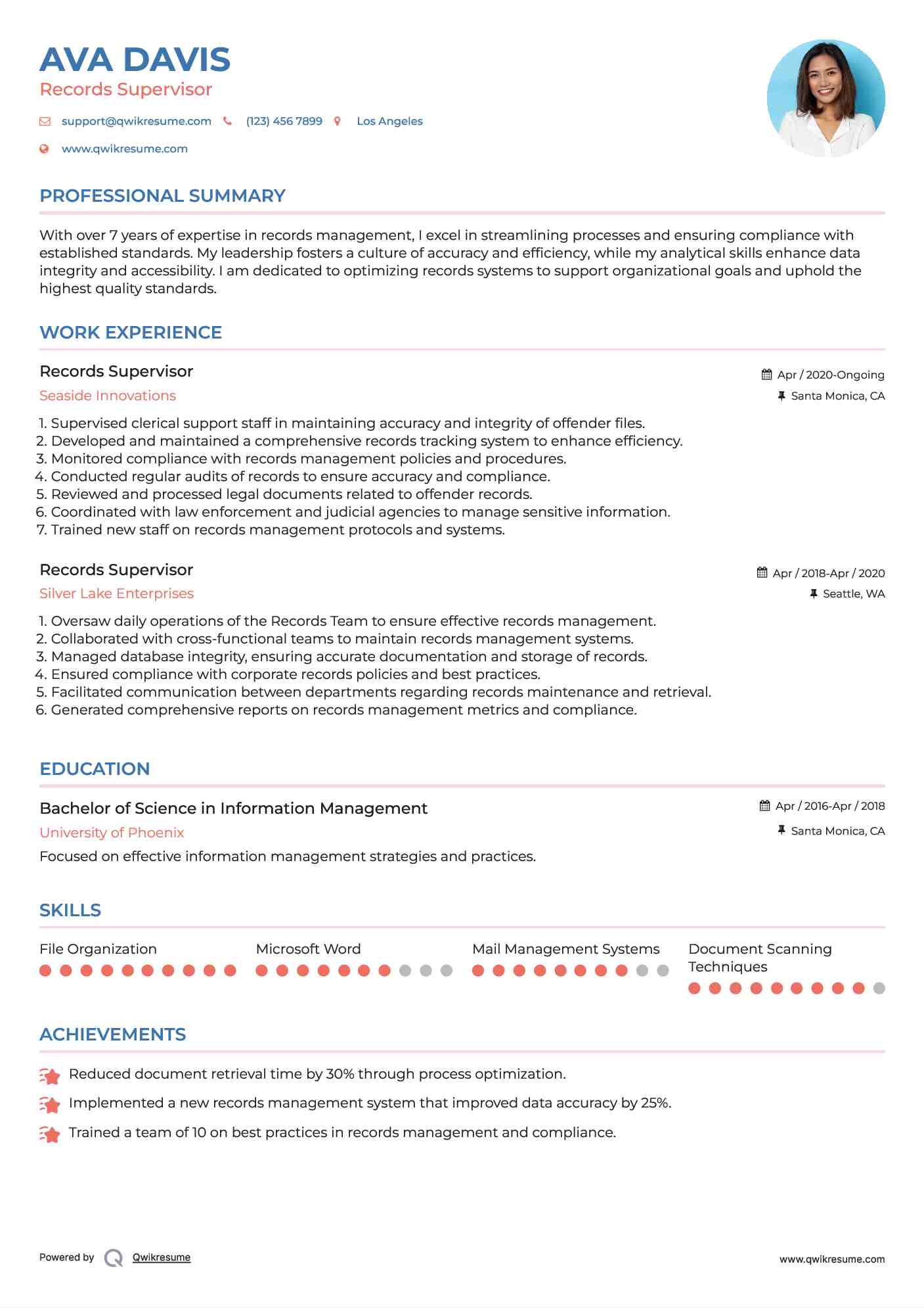 Records Supervisor Resume Model