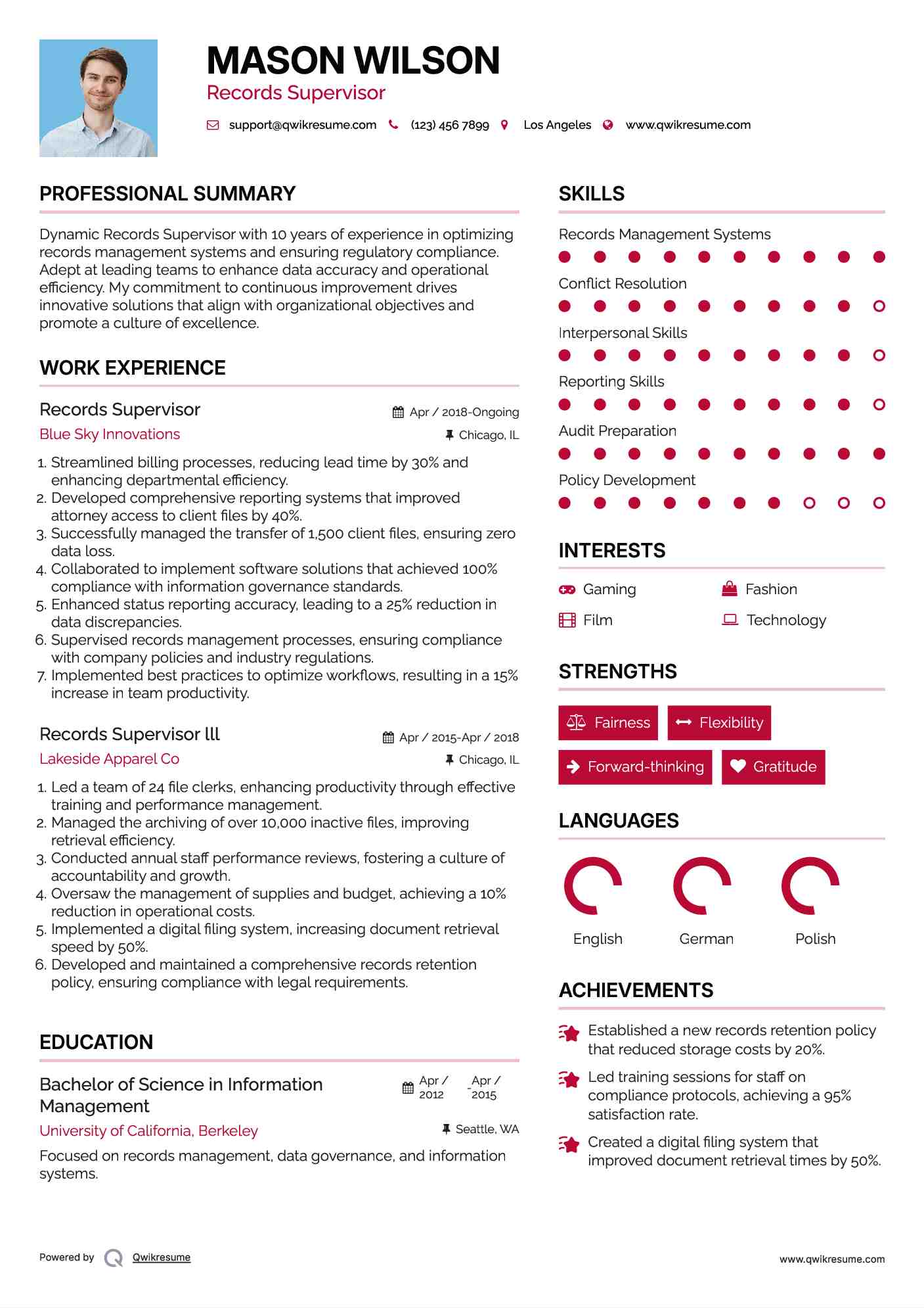 Records Supervisor Resume Model