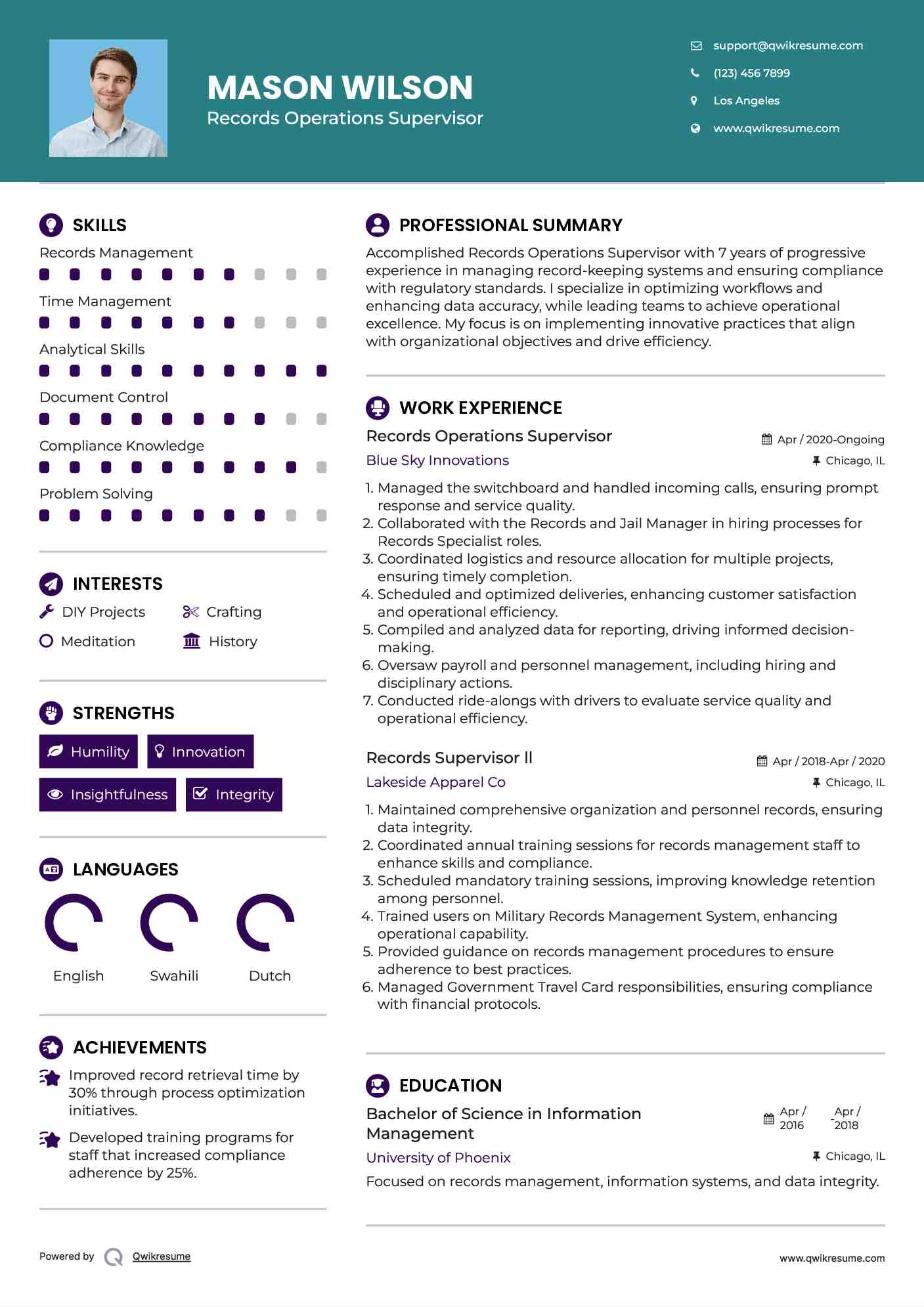 Records Operations Supervisor Resume Model