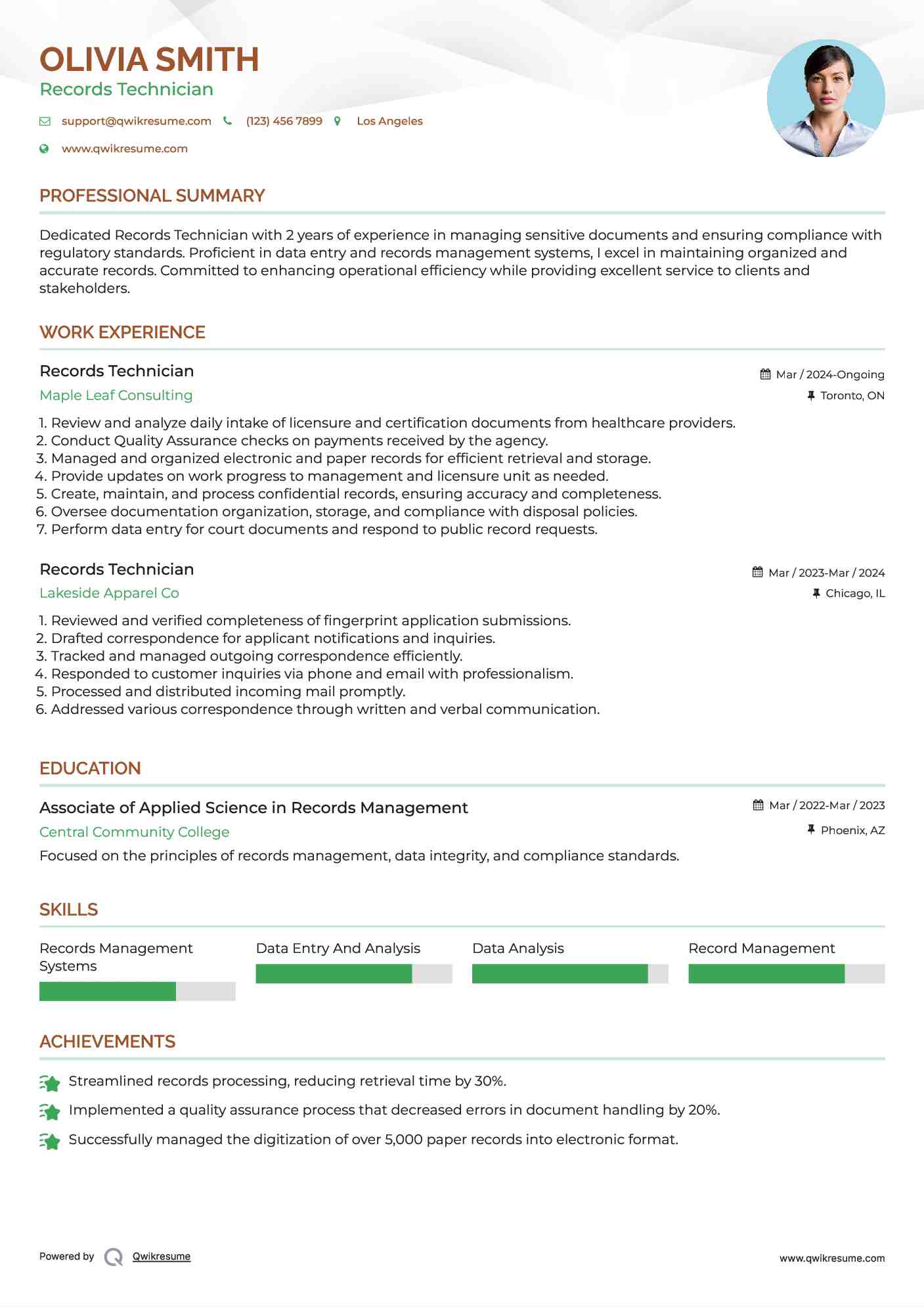 Records Technician Resume Model
