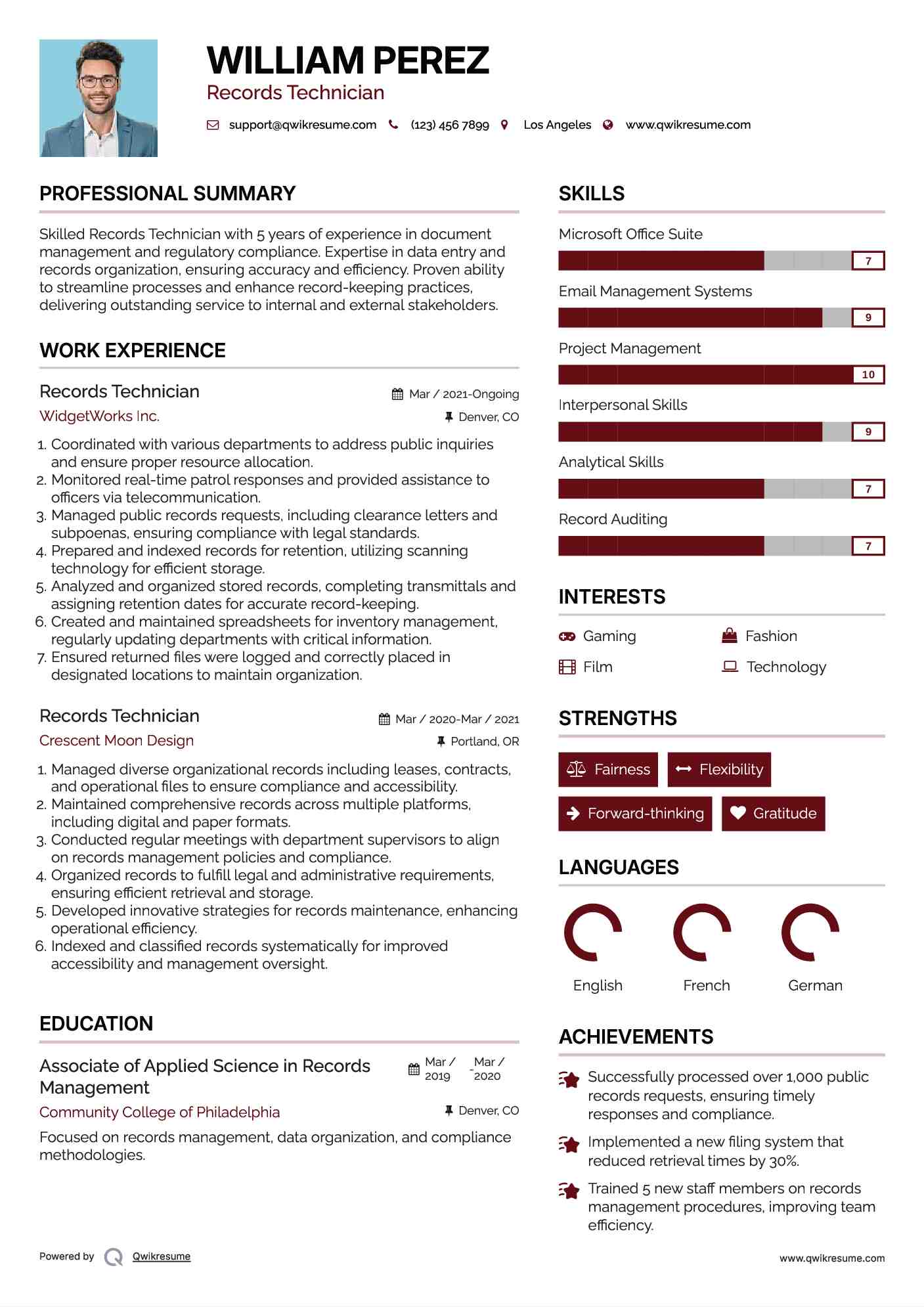 Records Technician Resume Example