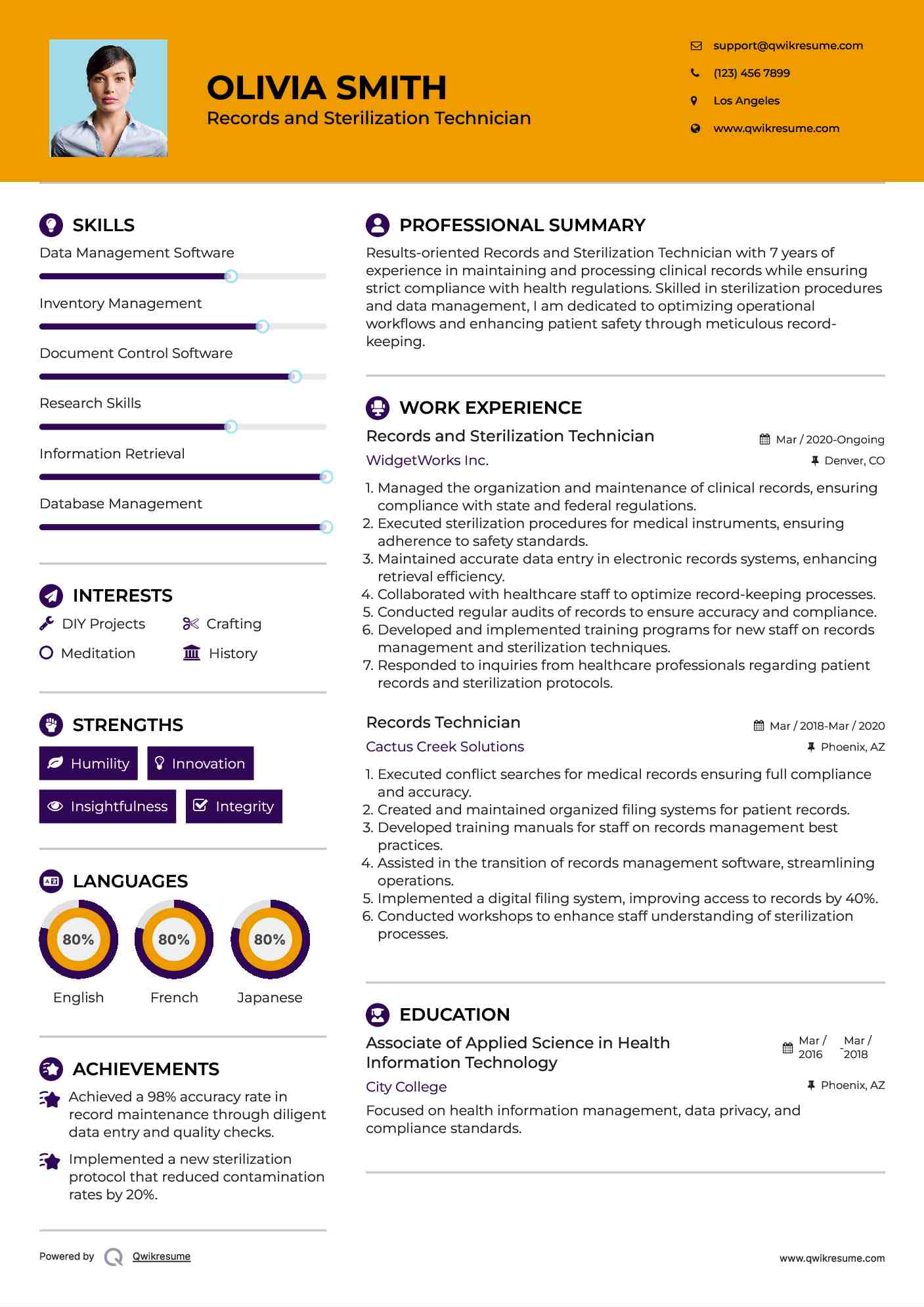 Records and Sterilization Technician
 Resume Model