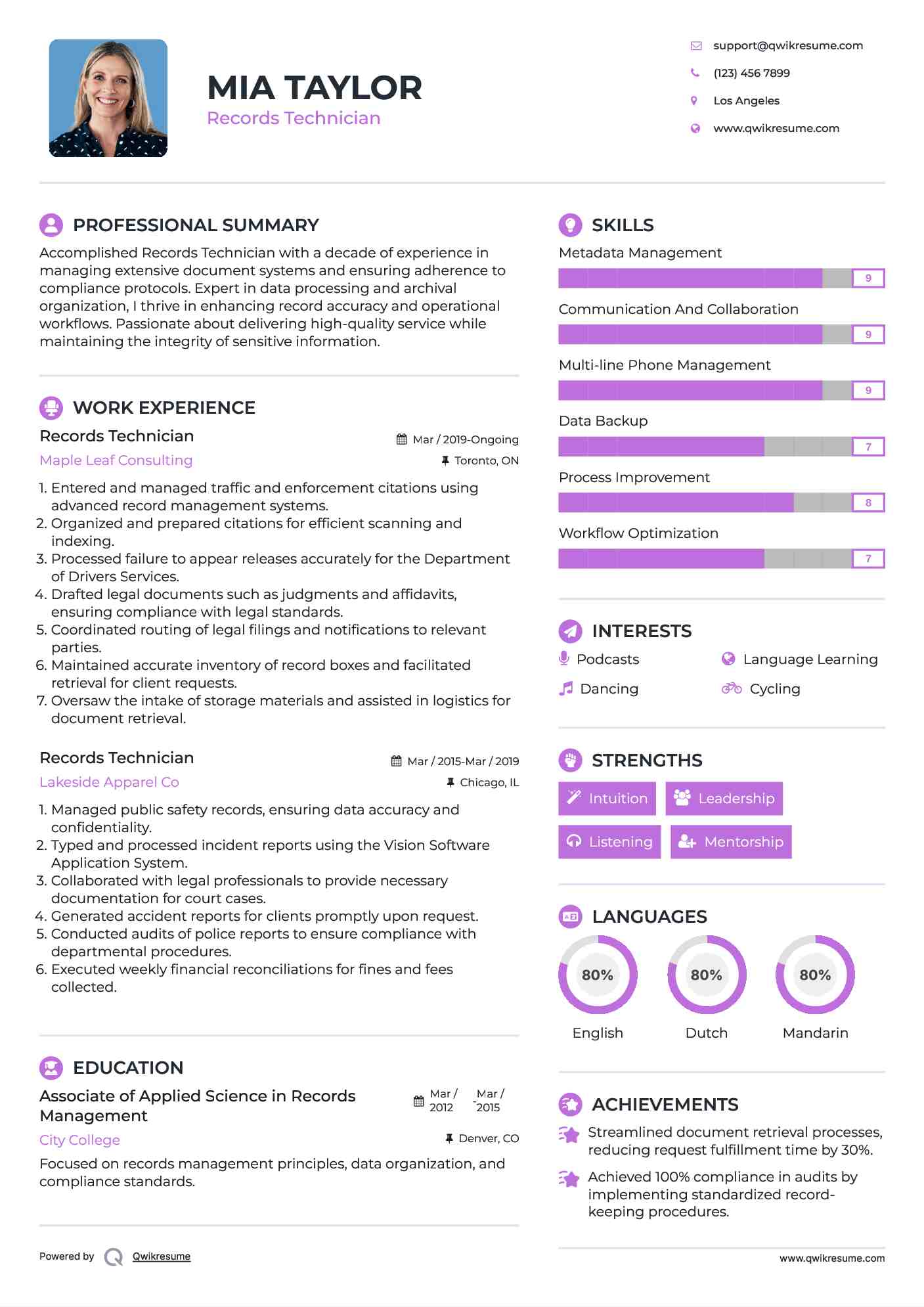 Records Technician Resume Model