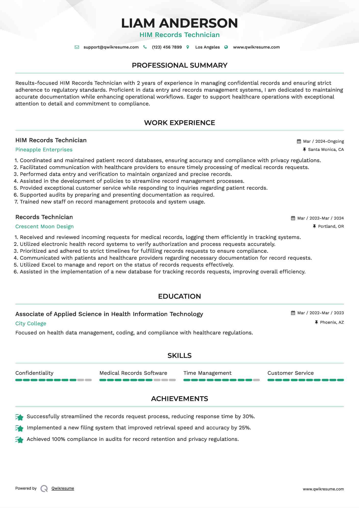 HIM Records Technician Resume Template