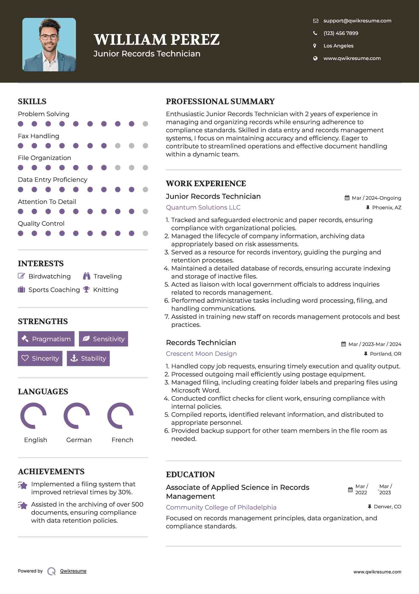 Junior Records Technician  Resume Example
