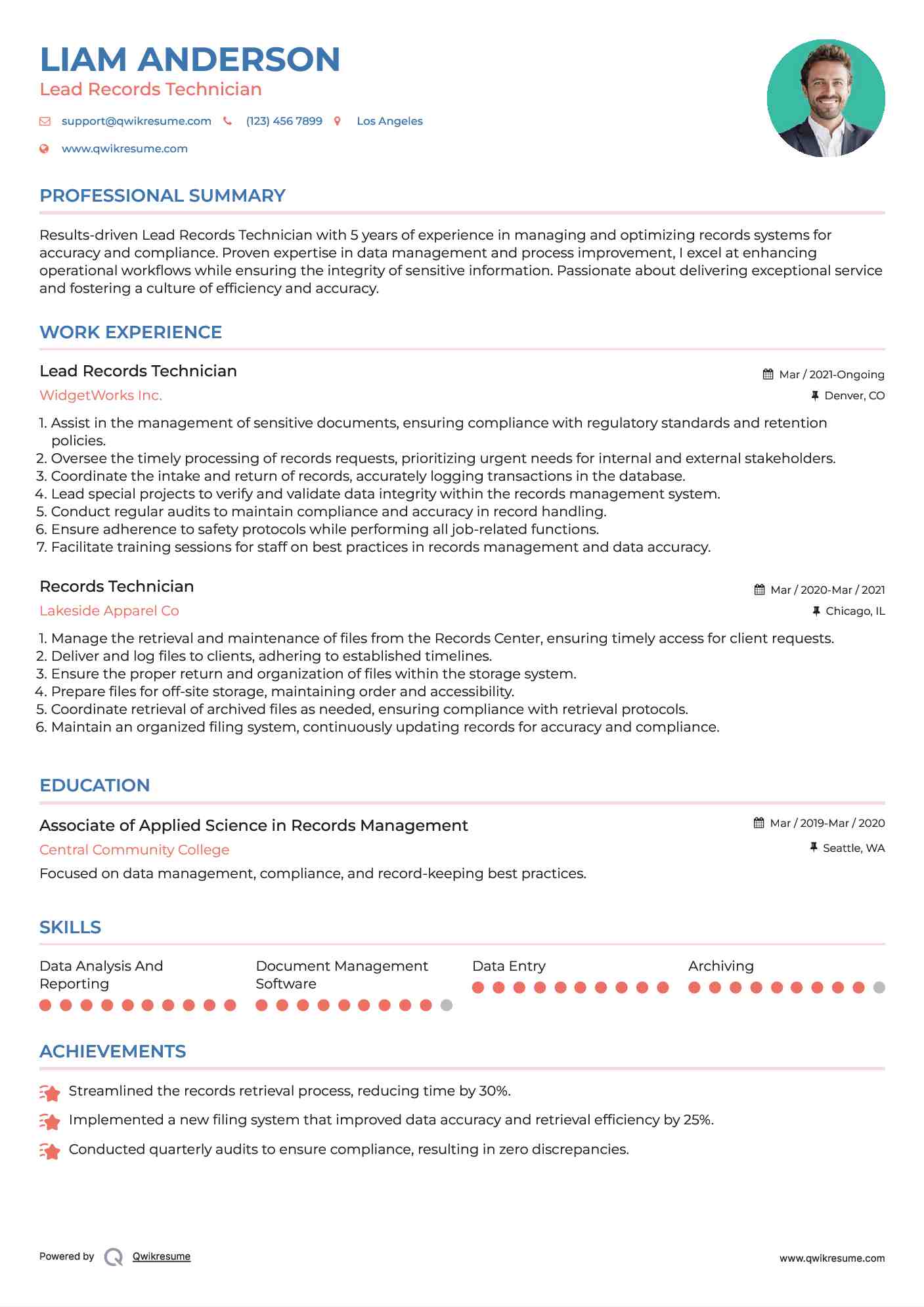 Lead Records Technician  Resume Model