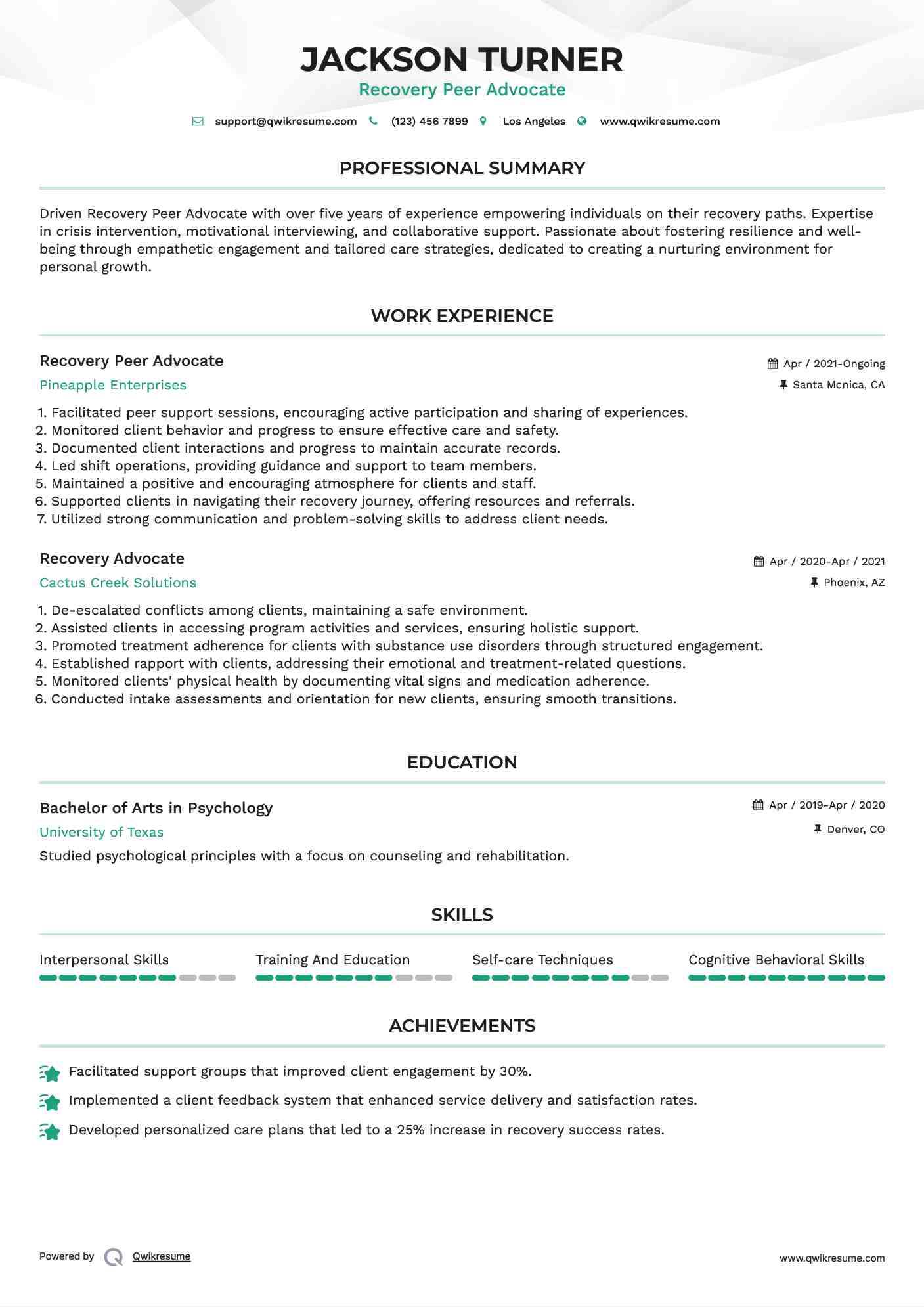 Recovery Peer Advocate Resume Example