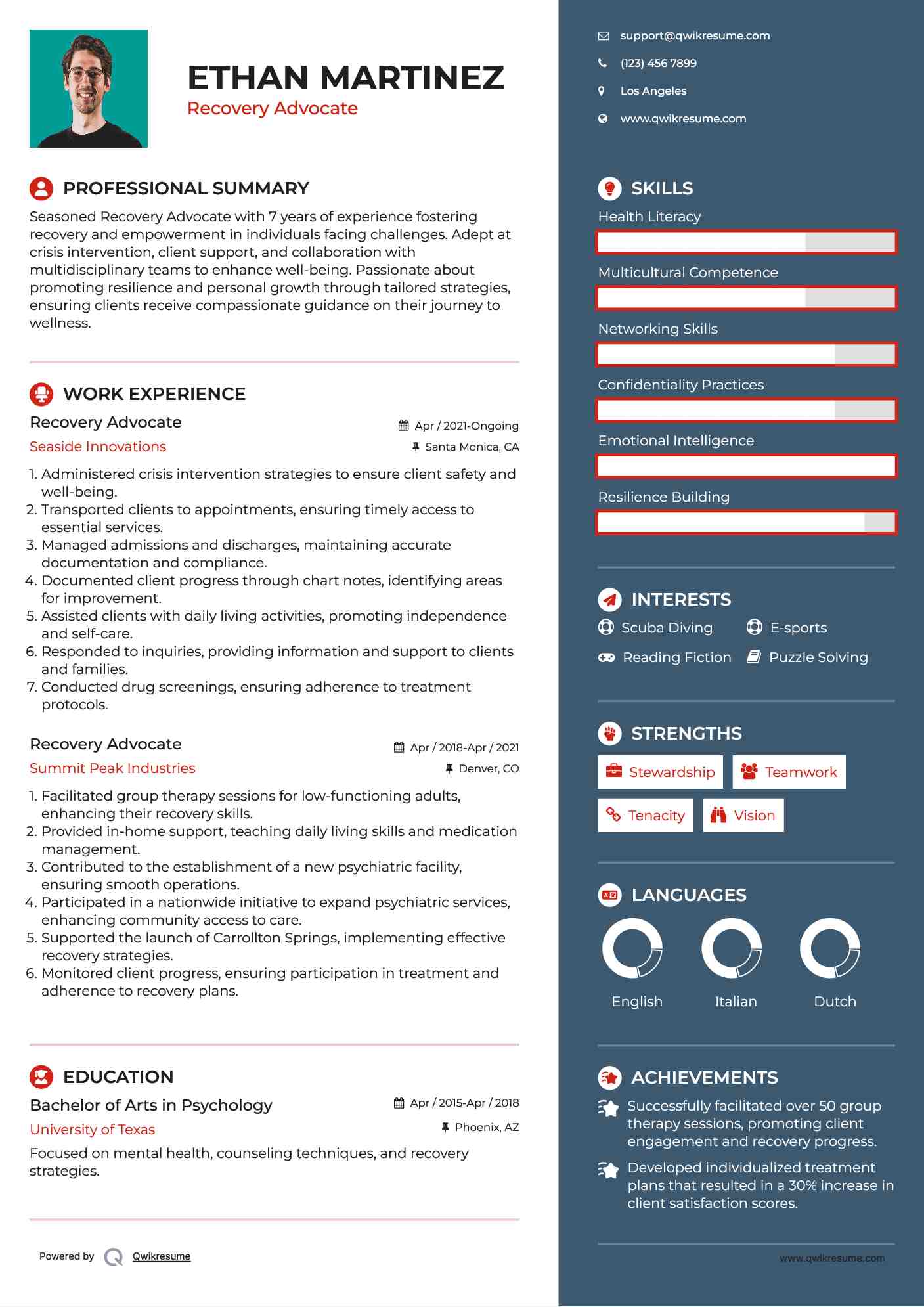Recovery Advocate Resume Model