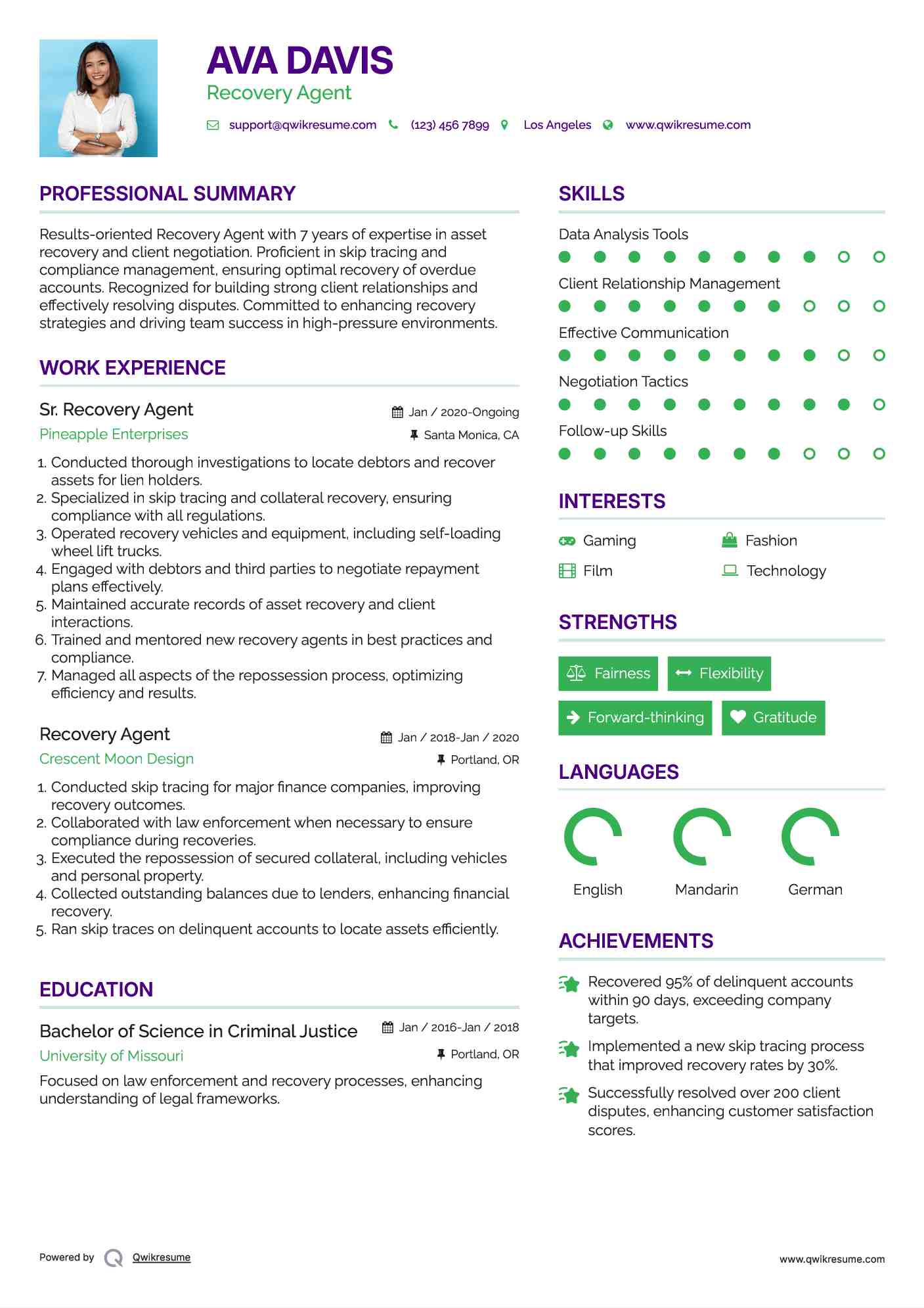 Sr. Recovery Agent Resume Format