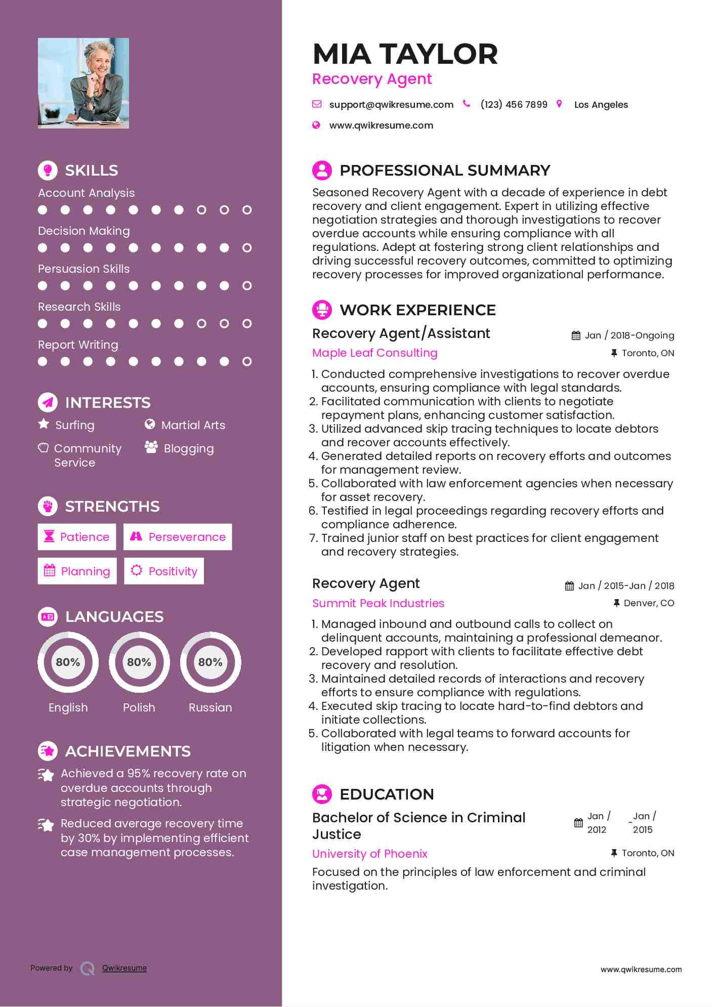 Recovery Agent/Assistant Resume Model