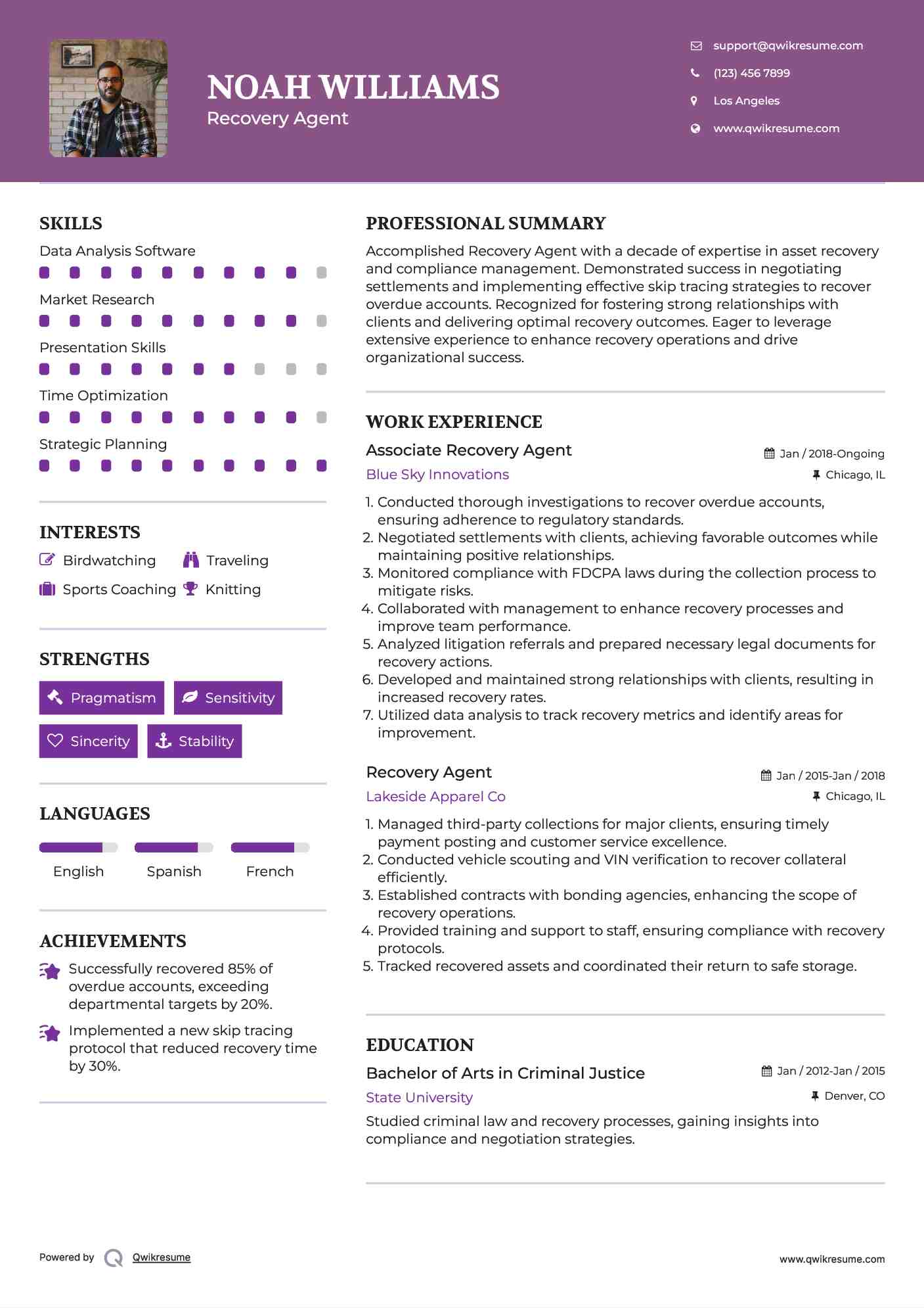 Associate Recovery Agent Resume Model