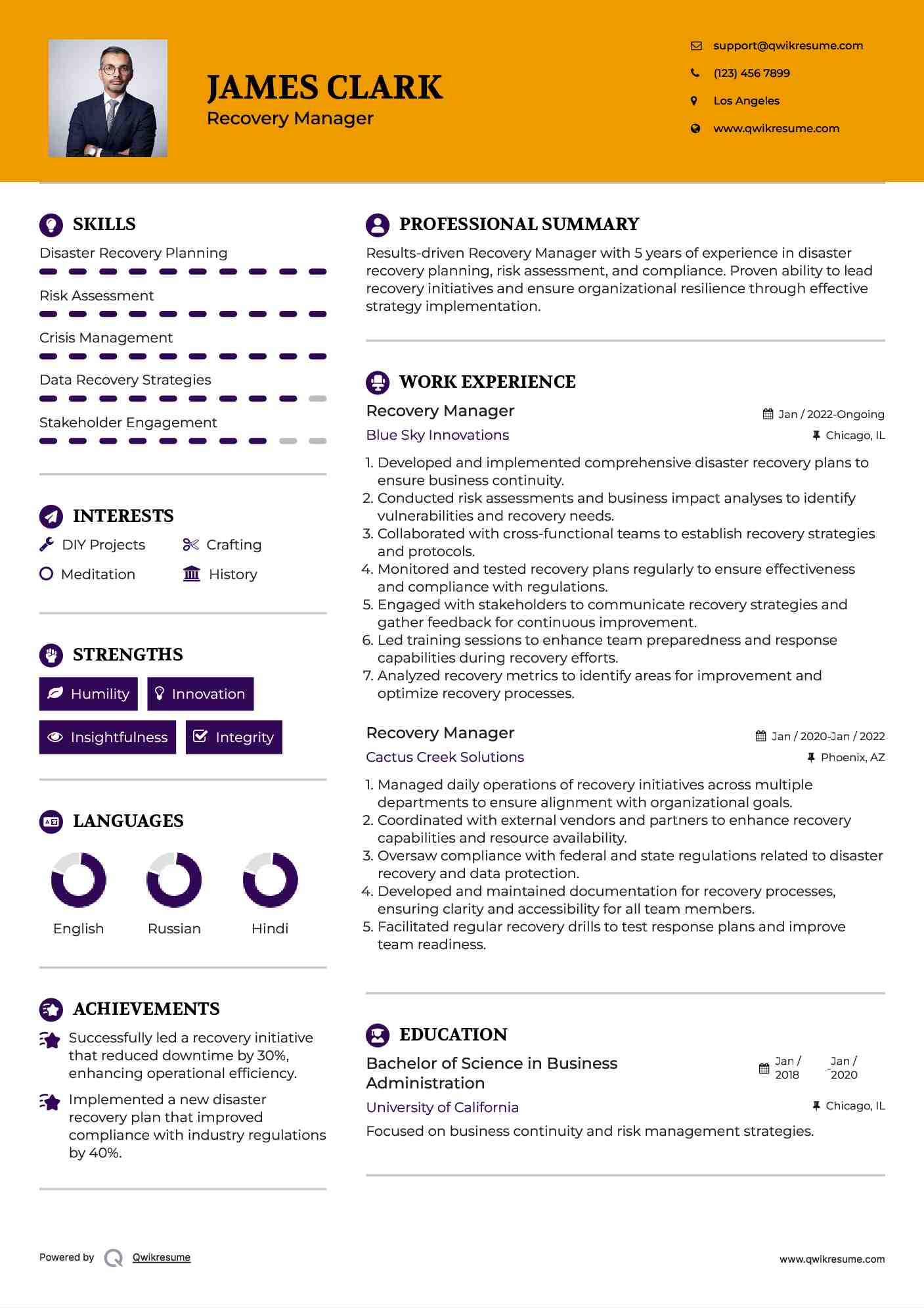 Recovery Manager Resume Example