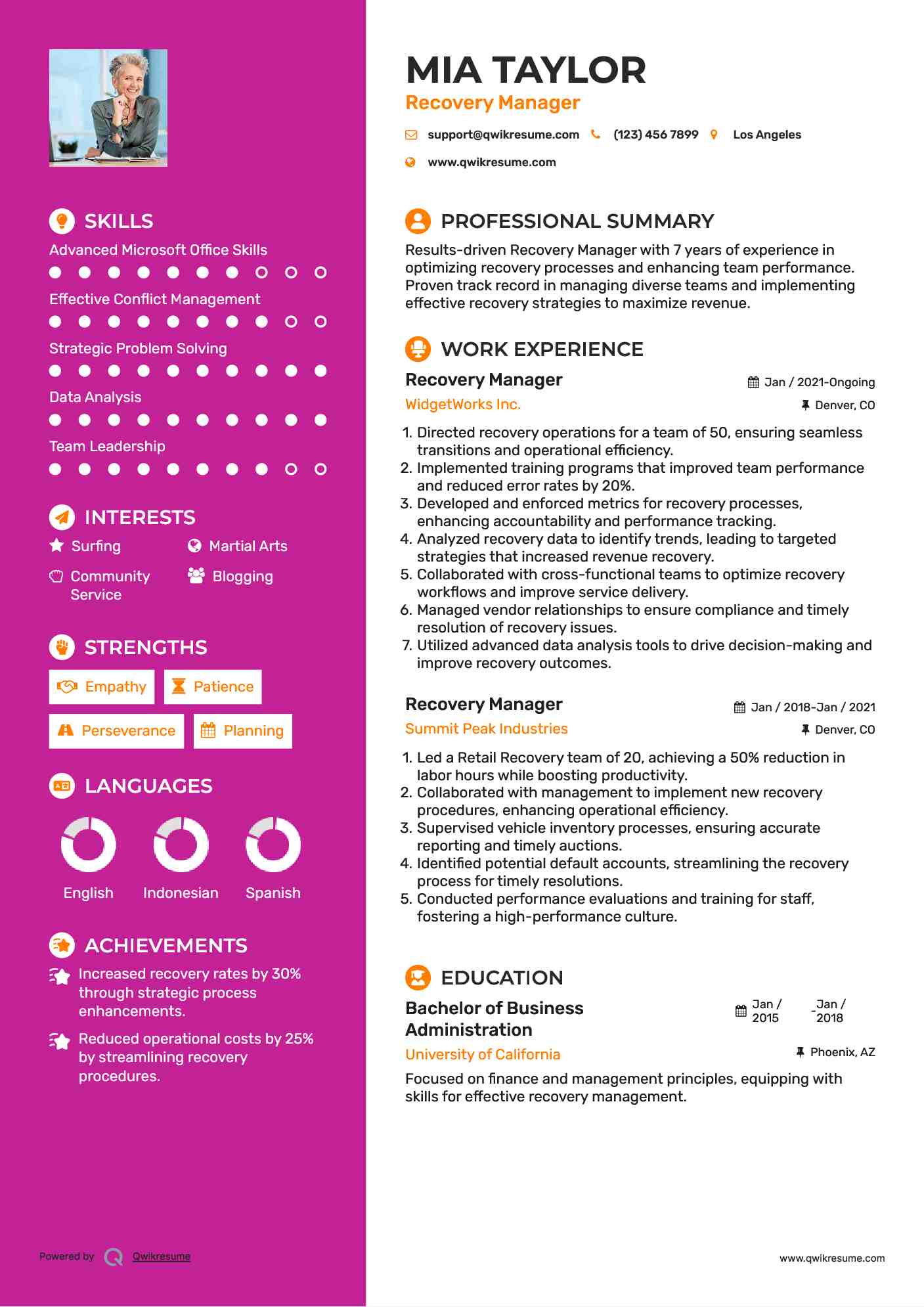 Recovery Manager Resume Model