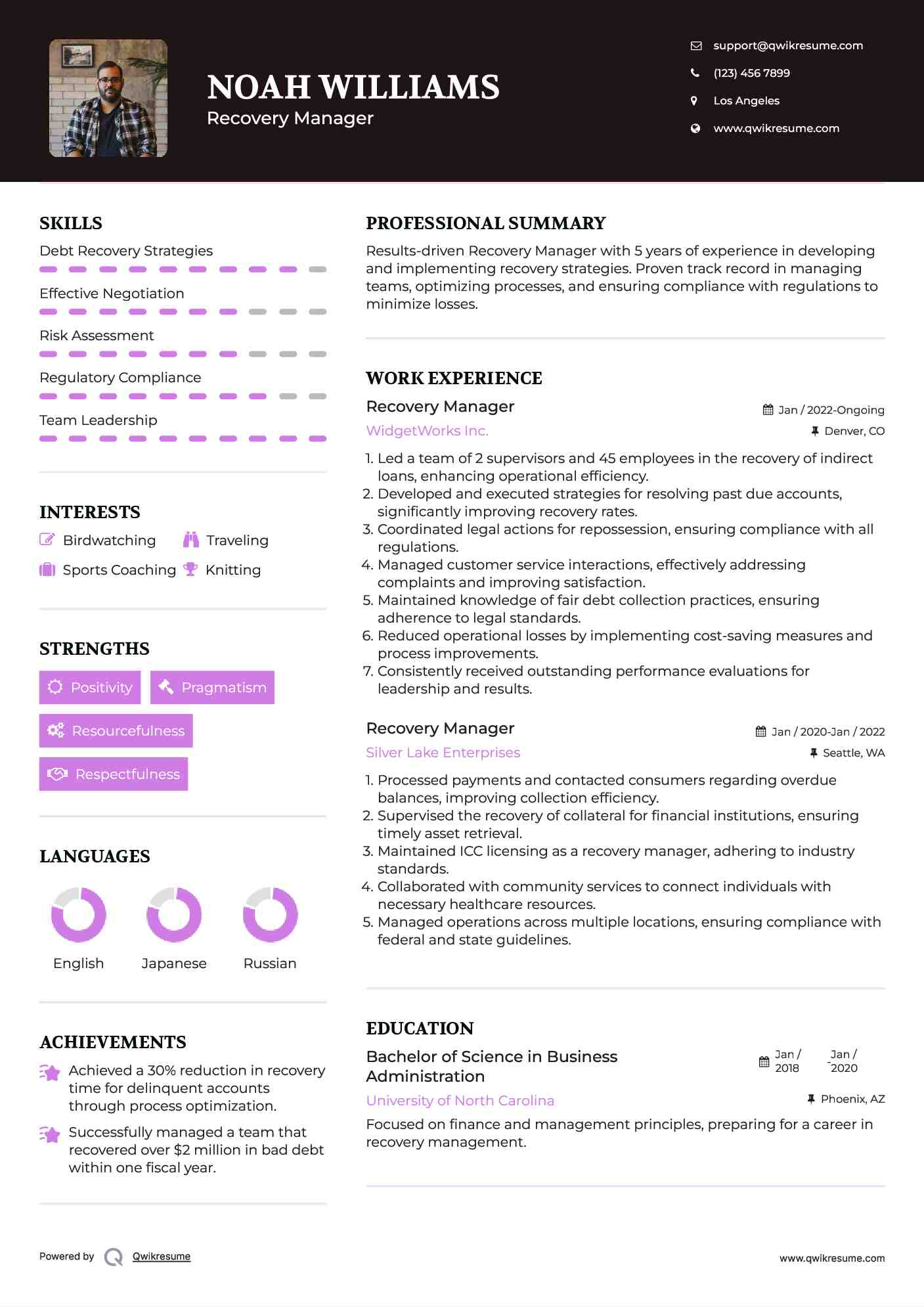 Recovery Manager Resume Example
