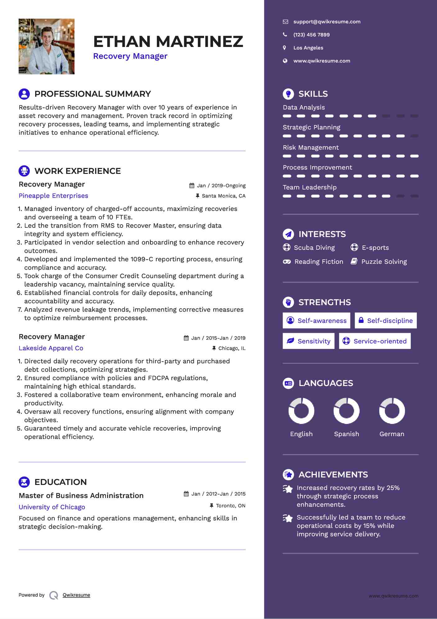 Recovery Manager Resume Format