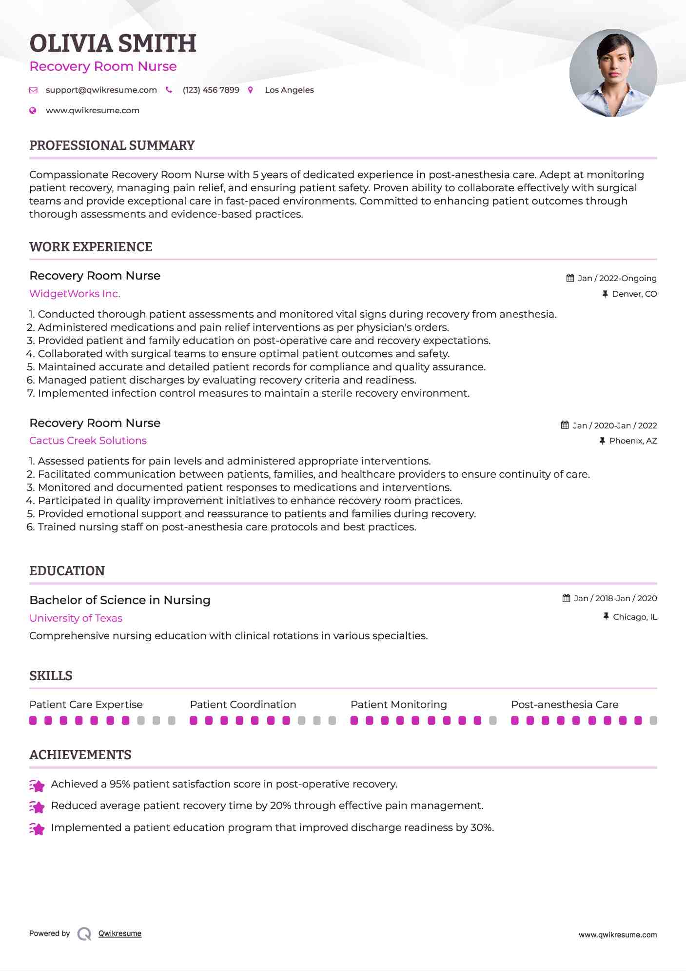 Recovery Room Nurse Resume Sample