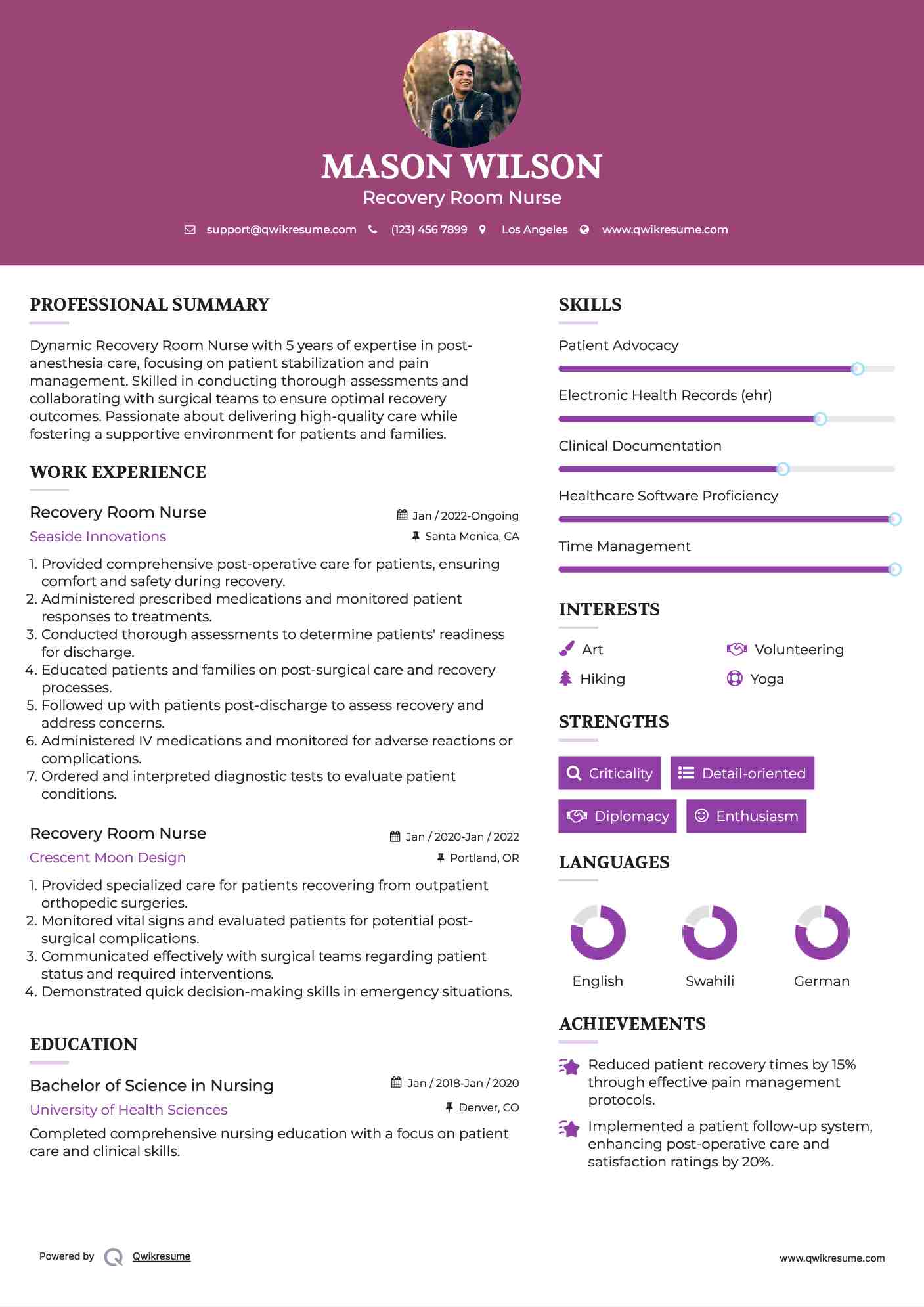 Recovery Room Nurse Resume Template
