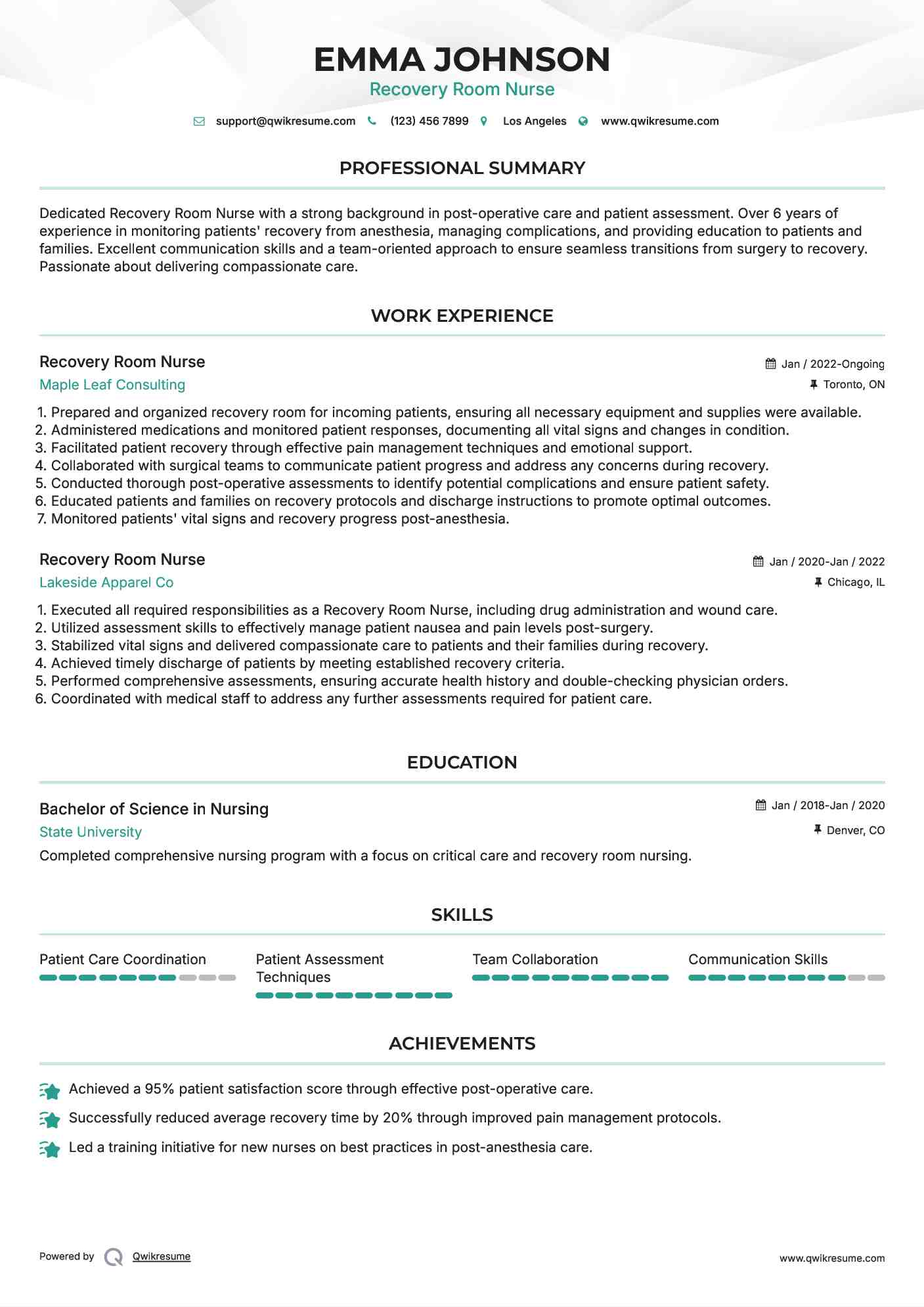 Recovery Room Nurse Resume Template