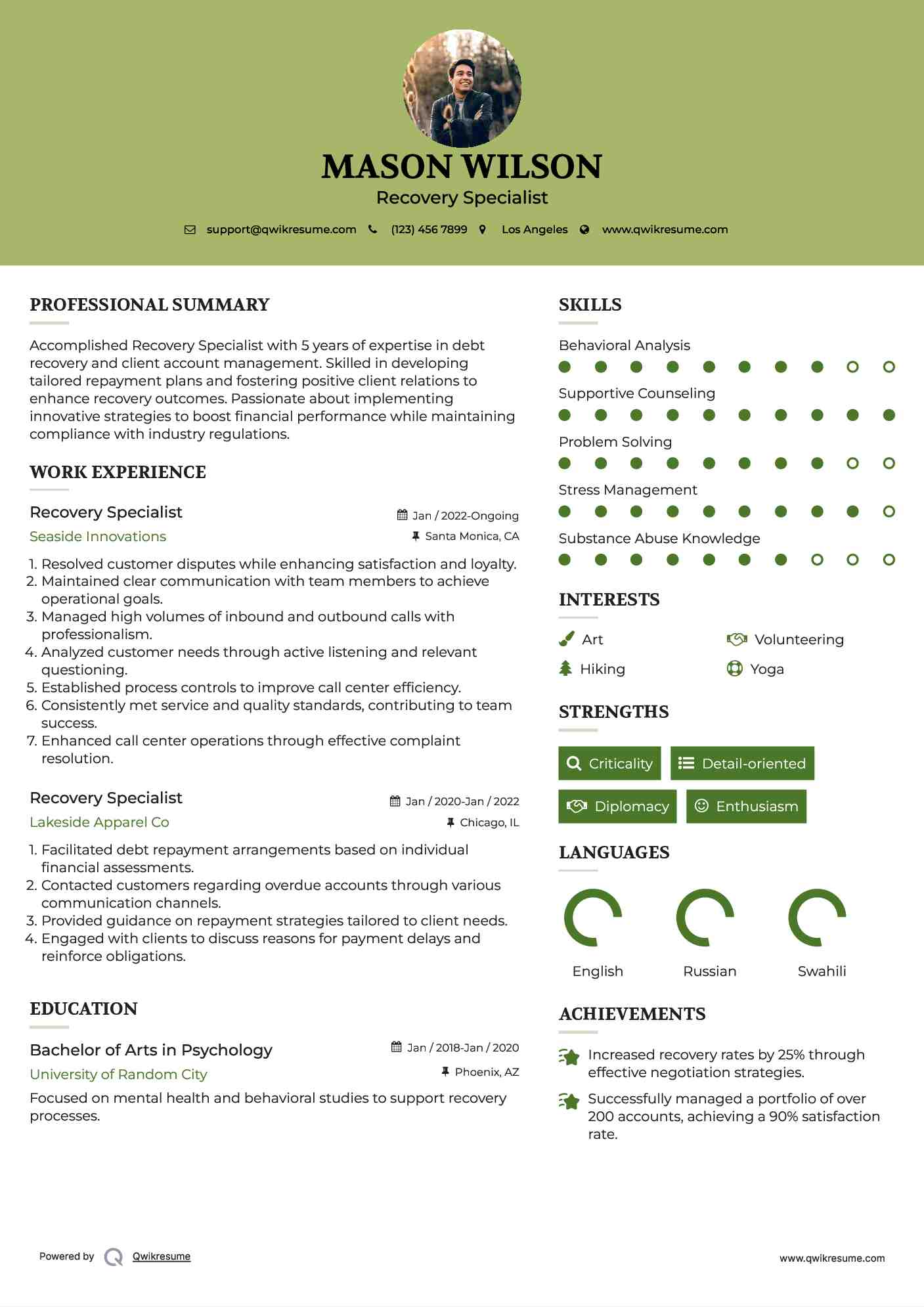 Recovery Specialist Resume Format